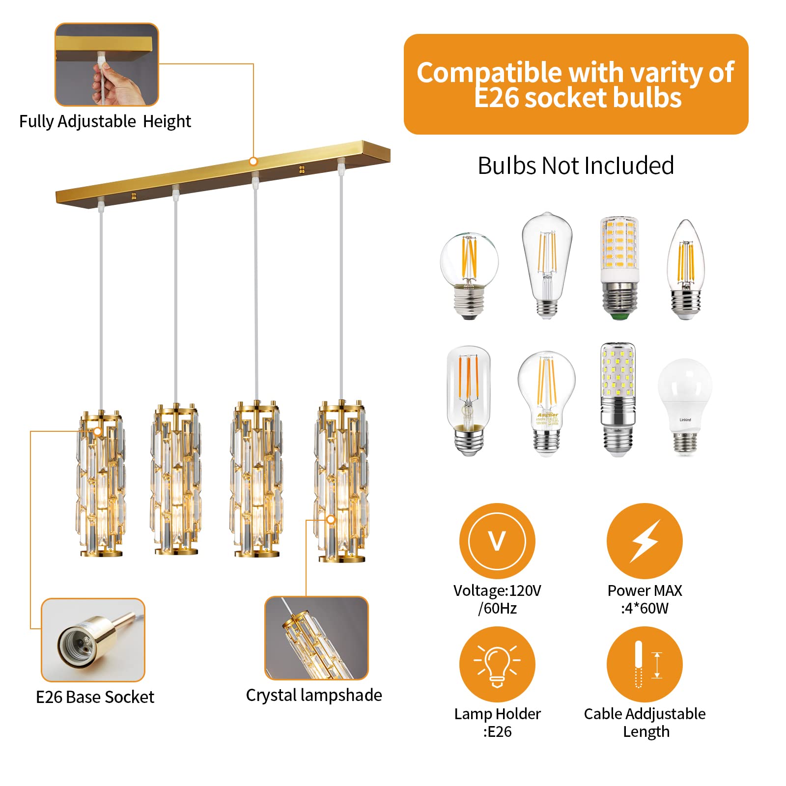 Lmqnine 4 Light Gold Pendant Lighting Modern Pendant Light, Mini Crystal Chandeliers,Adjustable Pendant Light Fixture For Kitche