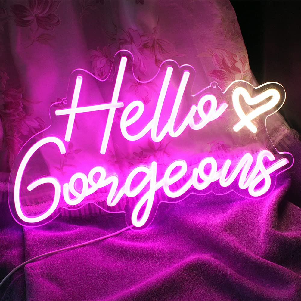 DAKABUKA Neon Sign, Hello Gorgeous Pink LED Light, Dimmable, 16.5x10.6 inches, Acrylic