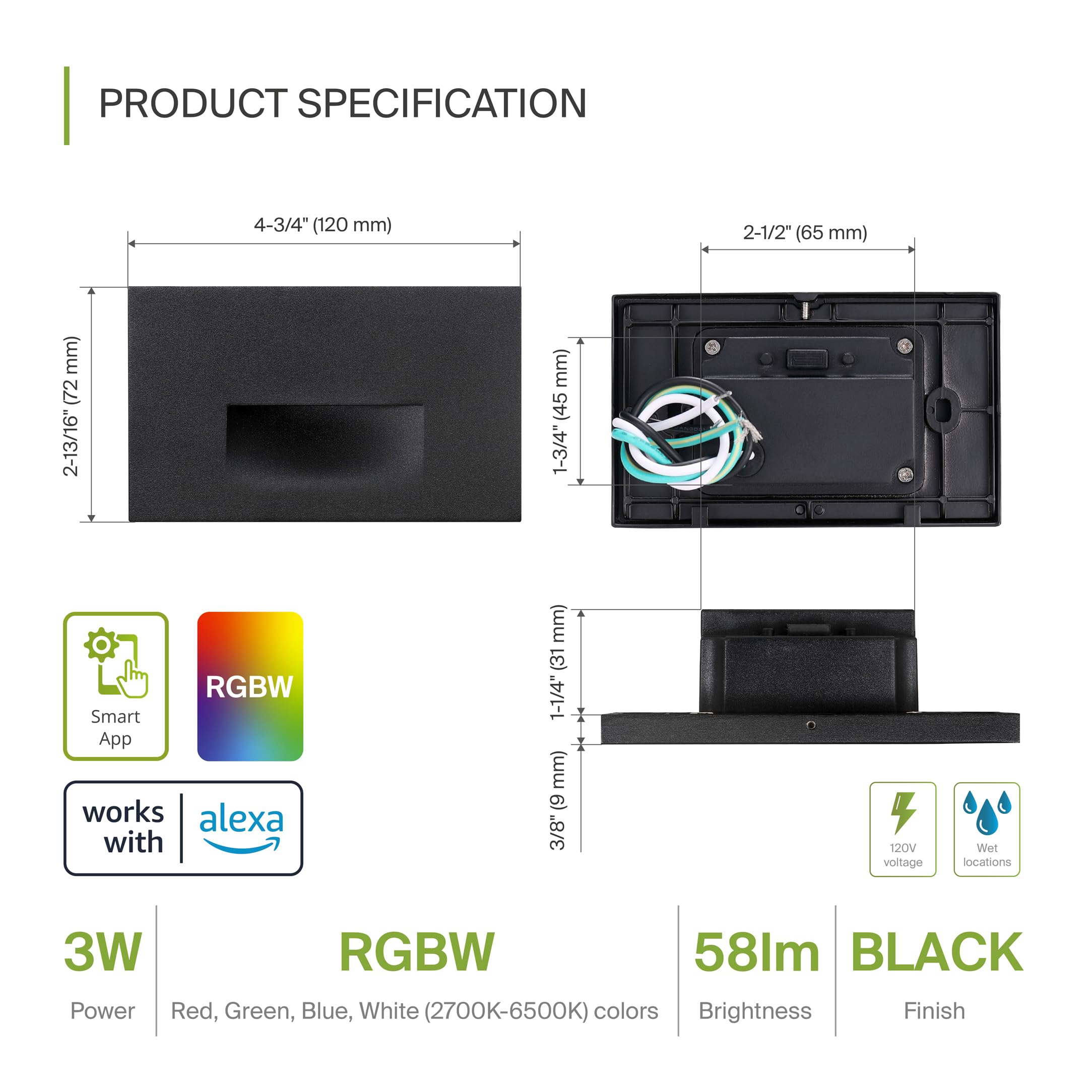 ASD LED Recessed Step Light Fixture | 3W 60LM RGB-2700K-6500K | Black, 6 Pack, Durable Aluminum, Indoor-Outdoor, ETL