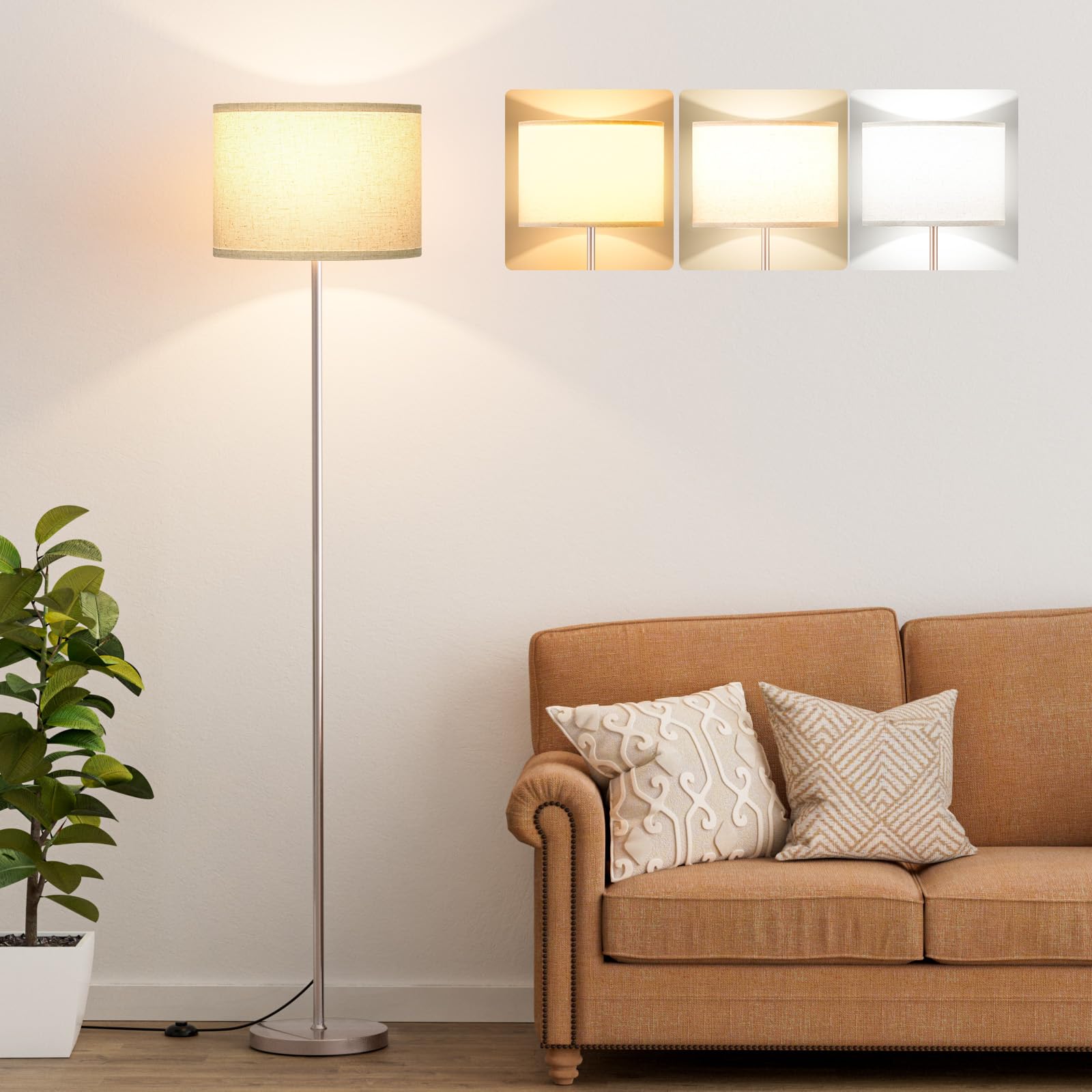 Ambimall 60'' Modern Floor Lamp with Shade, Tall Lamps for Living Room, Bedroom, Office, Dining Room, Beige Shade with Mocha Gol