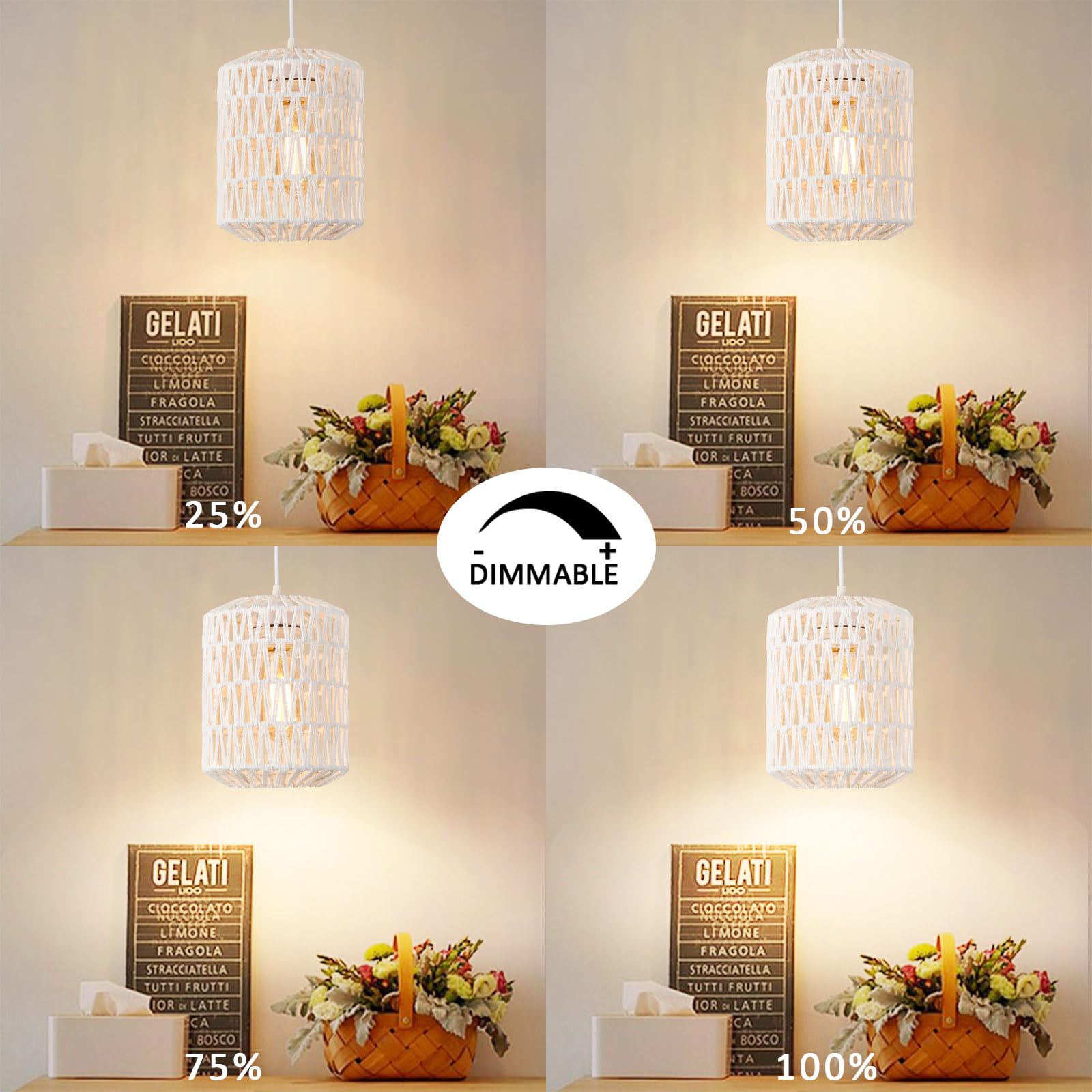 Plug In Pendant Light, Rattan Hanging Lights With Plug In Cord 15Ft Dimmable Cord, Hand Woven Wicker Lampshade Hanging Lamp, Boh