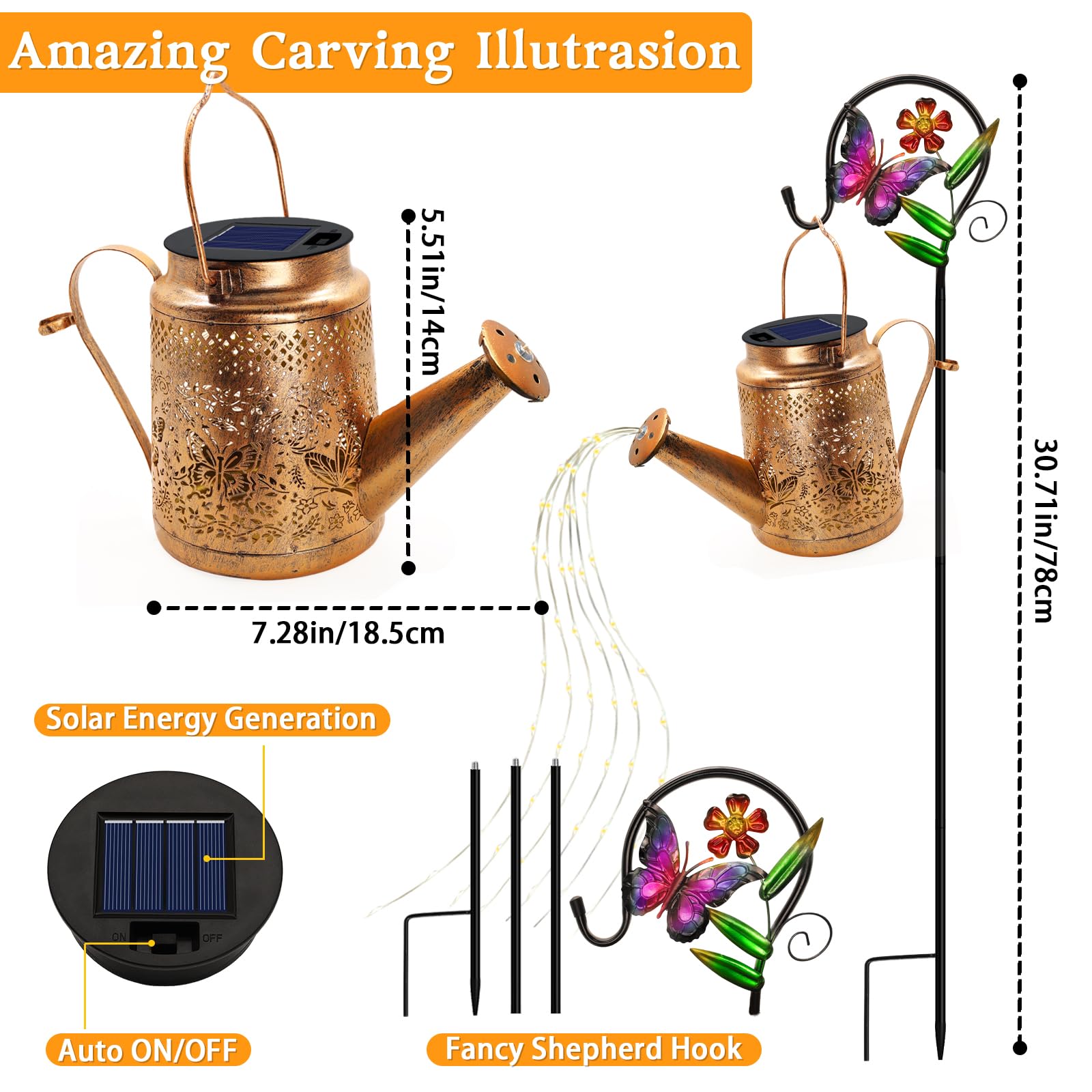 Solar Powered Butterfly Watering Can Lights Waterproof Outdoor Garden Decor With Shepherd Hook Hanging Patio Lights For Yard, Po