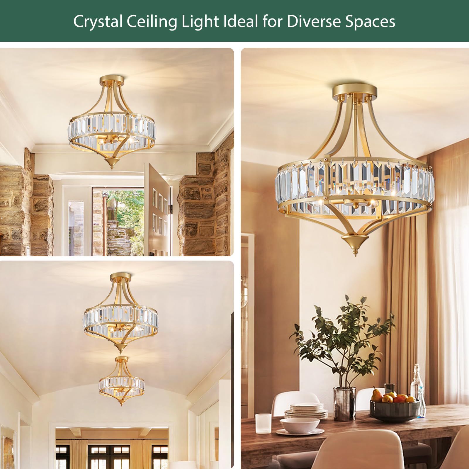 Avzkcy Modern Gold Crystal Chandelier 16 Inches Flush Mount Ceiling Light Fixtures 4-Light Rustic Round Dining Chandelier Suit F