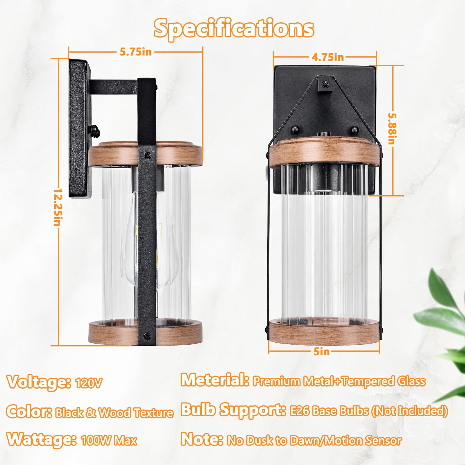Brightever 2-Pack Outdoor Wall Lanterns, Waterproof Black Sconce with Clear Glass, Wood Texture, Model B05043BP