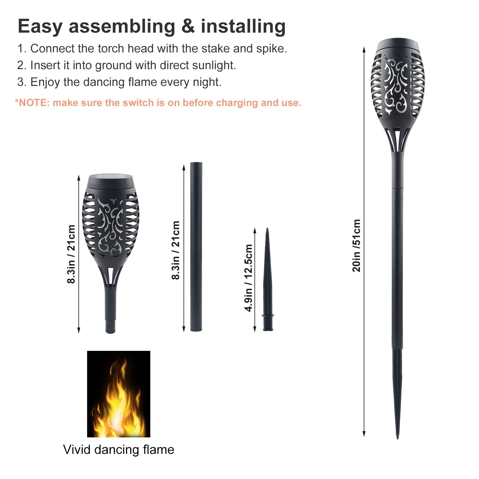 Permande Solar Torch Lights - 16 Pack Mini Outdoor Flickering Flames - Waterproof Garden Pathway Decor - Black Plastic