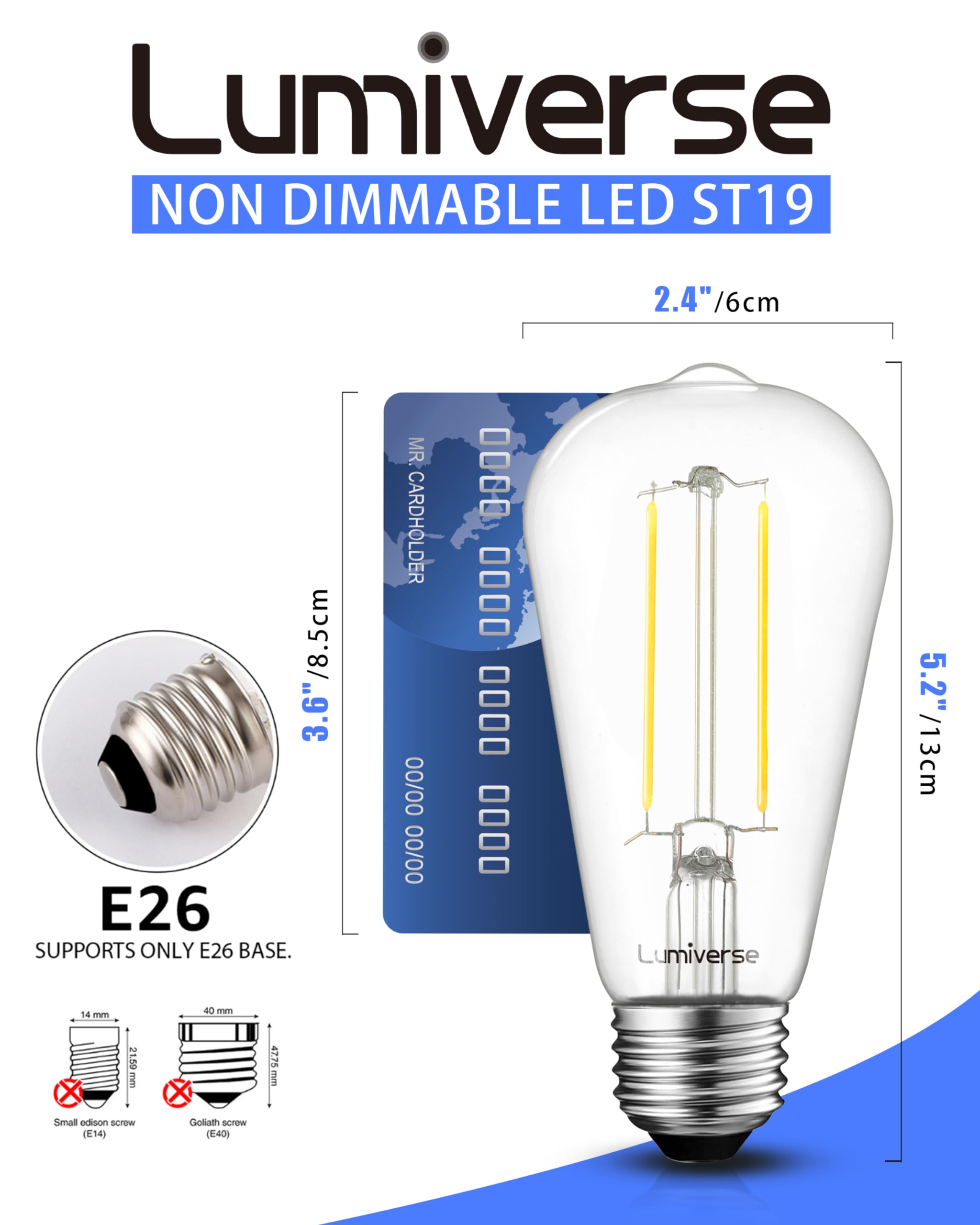 St19 Led Edison Bulb, 5.5W (60W Equivalent) 500Lm Cri 95+, Non-Dimmable, 4000K Cool White, E26 Medium Base Vintage Filament, Cle