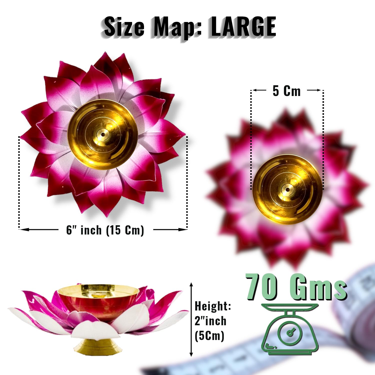 Lamina Set of 2 Lotus Shaped Large Size Brass Diya for Puja (6inch Pink Petals) Center Wick Holder Pital Akhand Kamal Deep Vilak