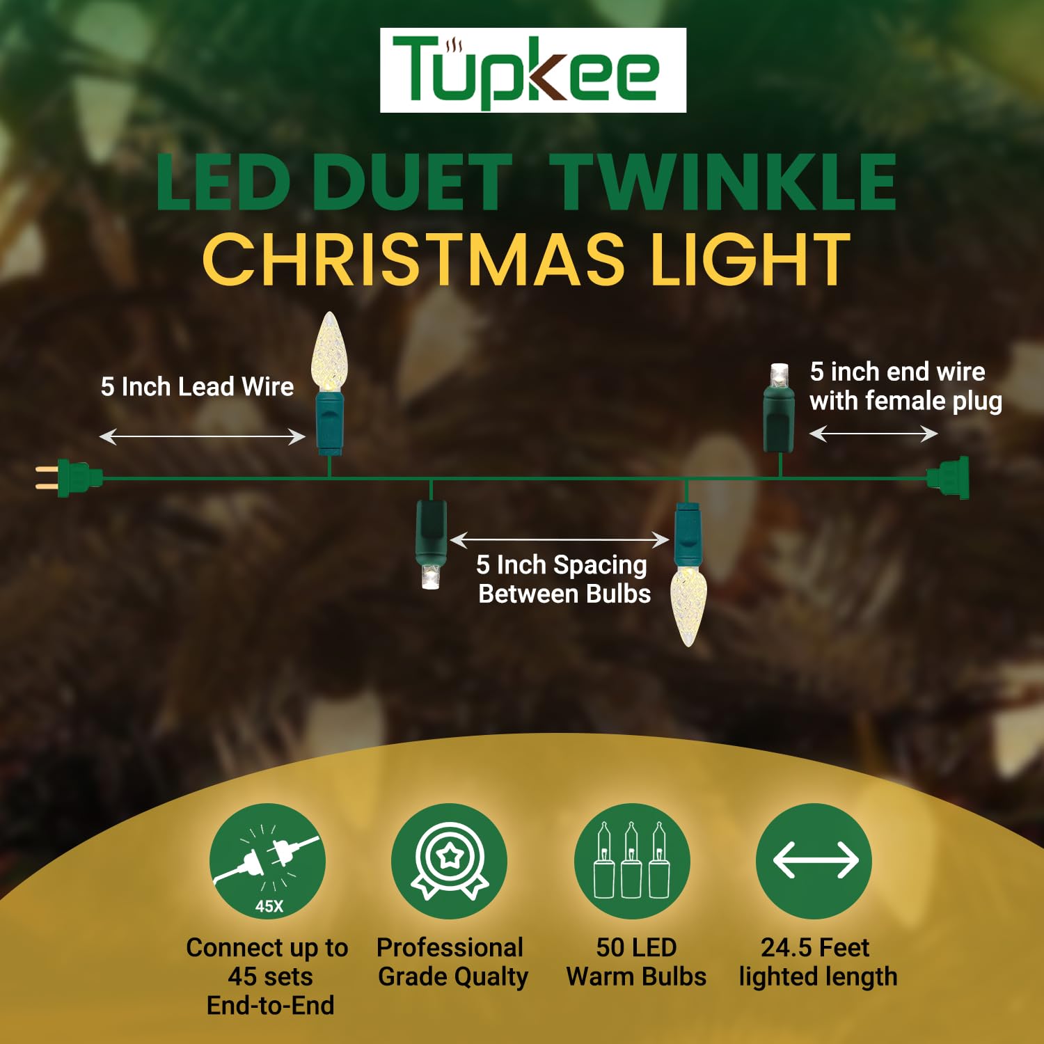 Tupkee Christmas LED Twinkle Lights, 24.5 ft, Champagne Bulbs, 8 of 50 Twinkle, Professional Grade Indoor Outdoor, Model TSD