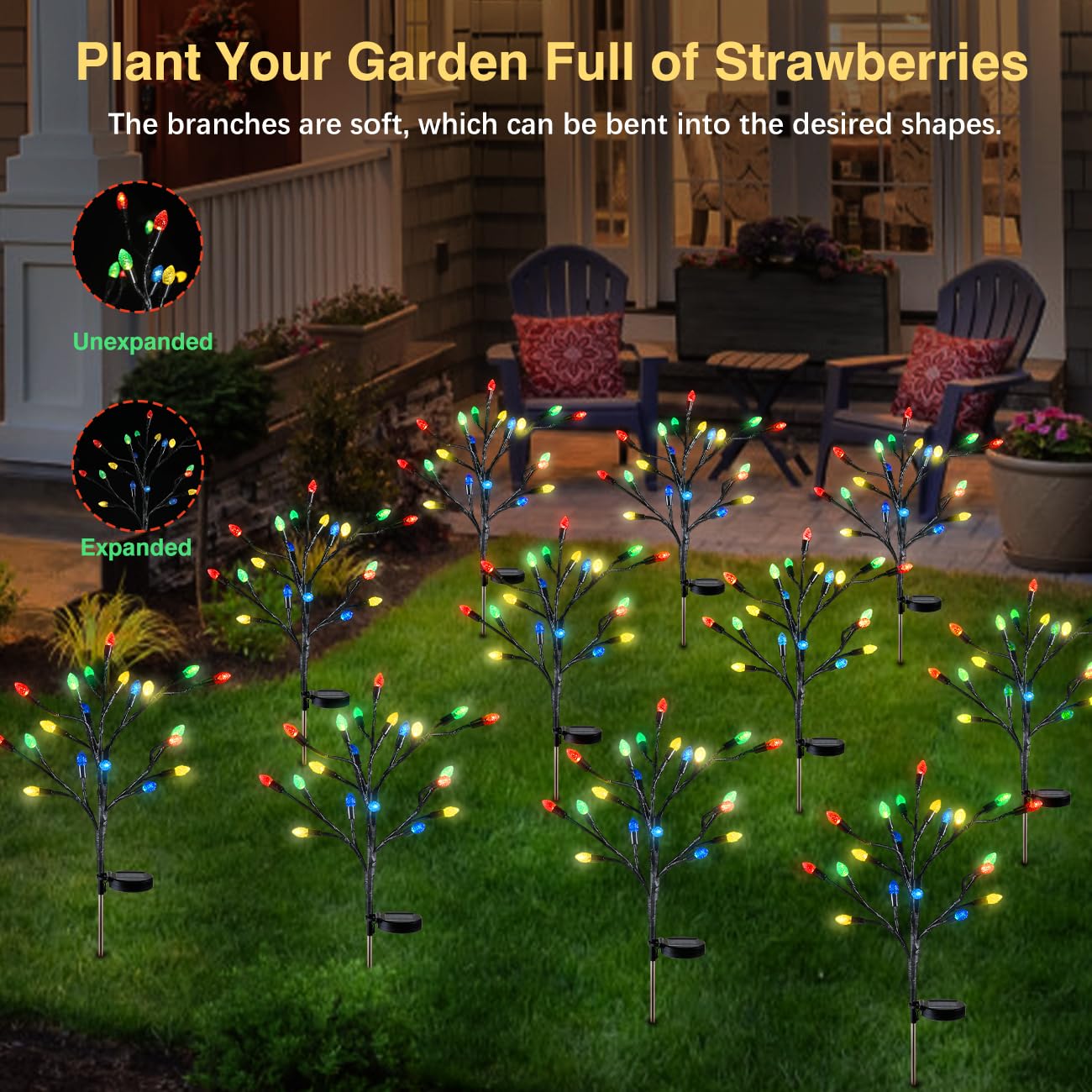 Lewondr Solar Garden Lights - 20 Led Strawberry Lights, Colorful For Yard, Patio, Porch, Backyard, Christmas Decor