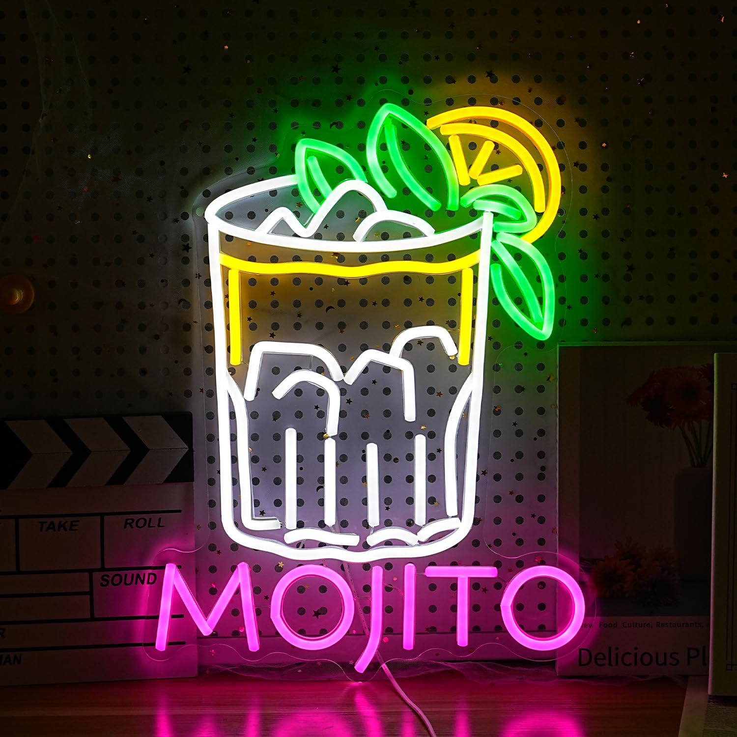 LIUOZHTEA Neon Sign - Mojito Cocktail LED Light for Wall Decor, Dimmable, USB Powered, 16.7 x 12.8 inches, Pink White Yellow Green