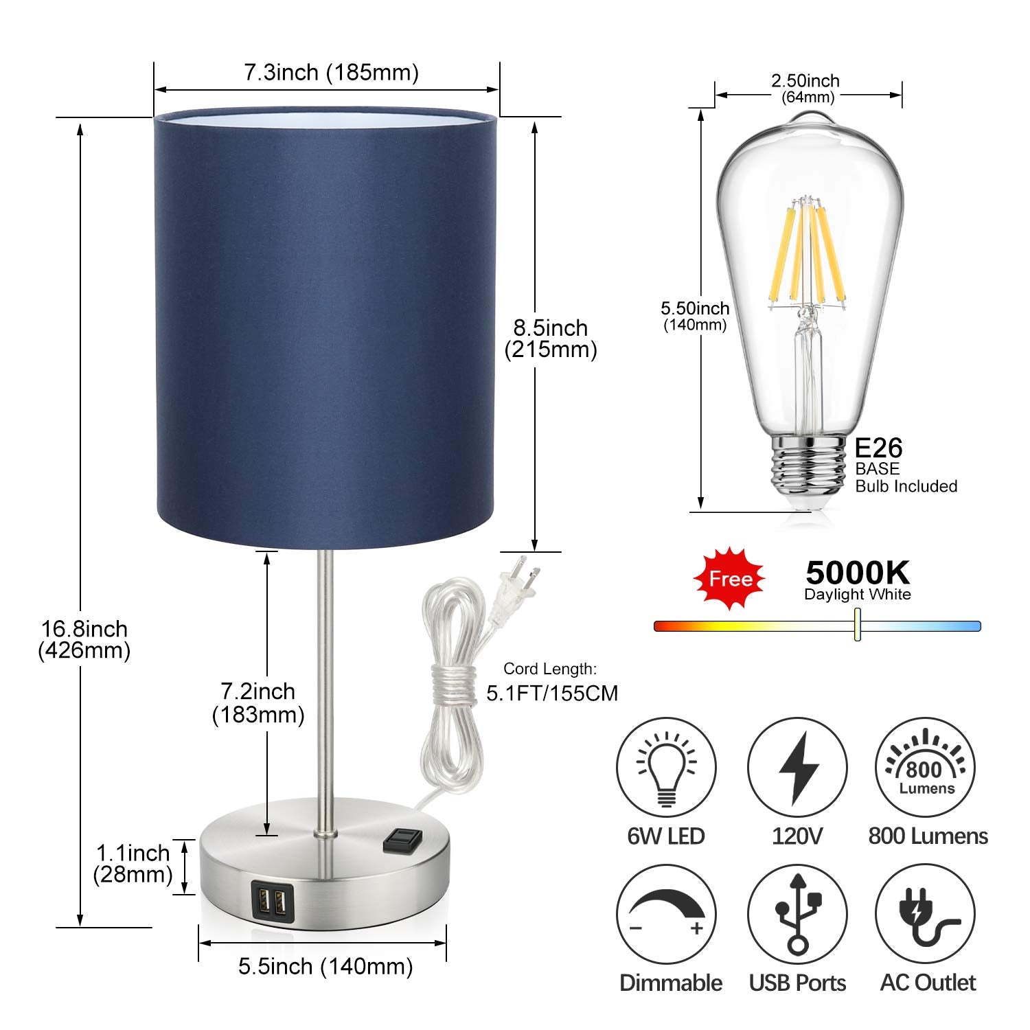 ShineTech Touch Control Bedside Table Lamp Set of 2, 3-Way Dimmable, USB Ports, Blue, Metal, Model JYT-01471-TL-BLUE-