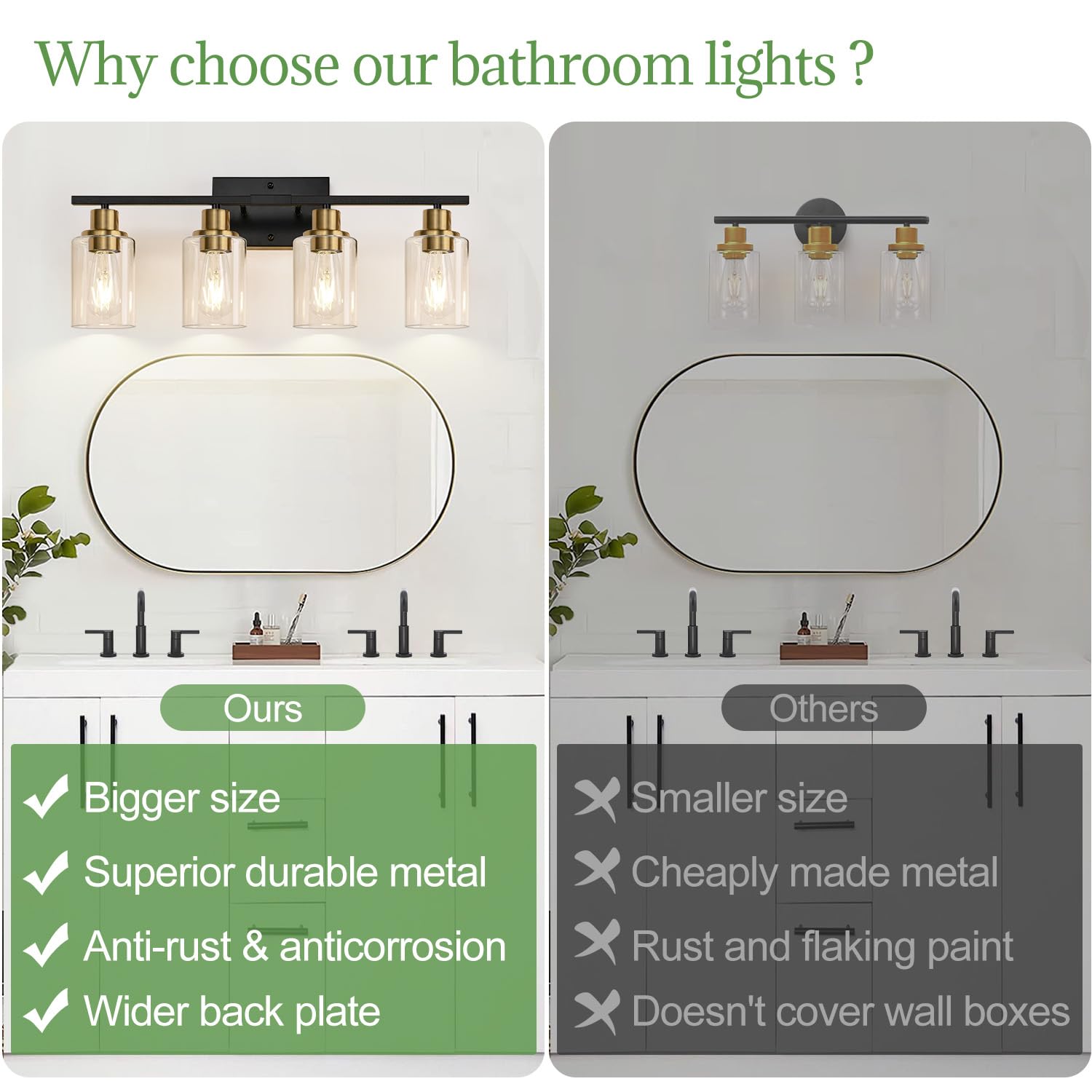 Indoi 4-Light Bathroom Light Fixtures Black and Gold Modern Vanity Lights Glass Shades Model OMTYX-031H