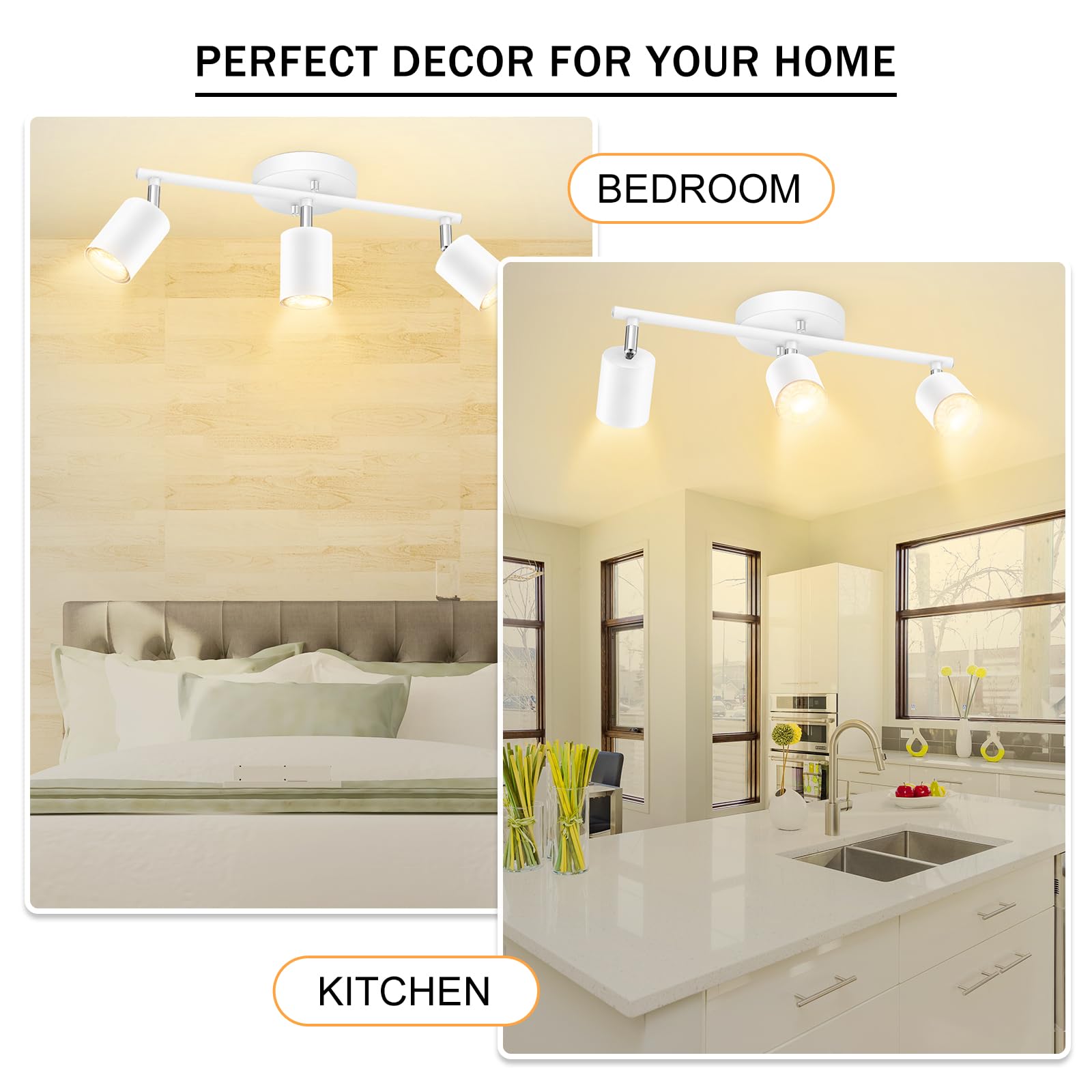 Boostarea Led 3 Light Track Lighting Kit, White 3 Way Ceiling Spot Lighting, Flexibly Rotatable Light Head For Kitchen, Living R