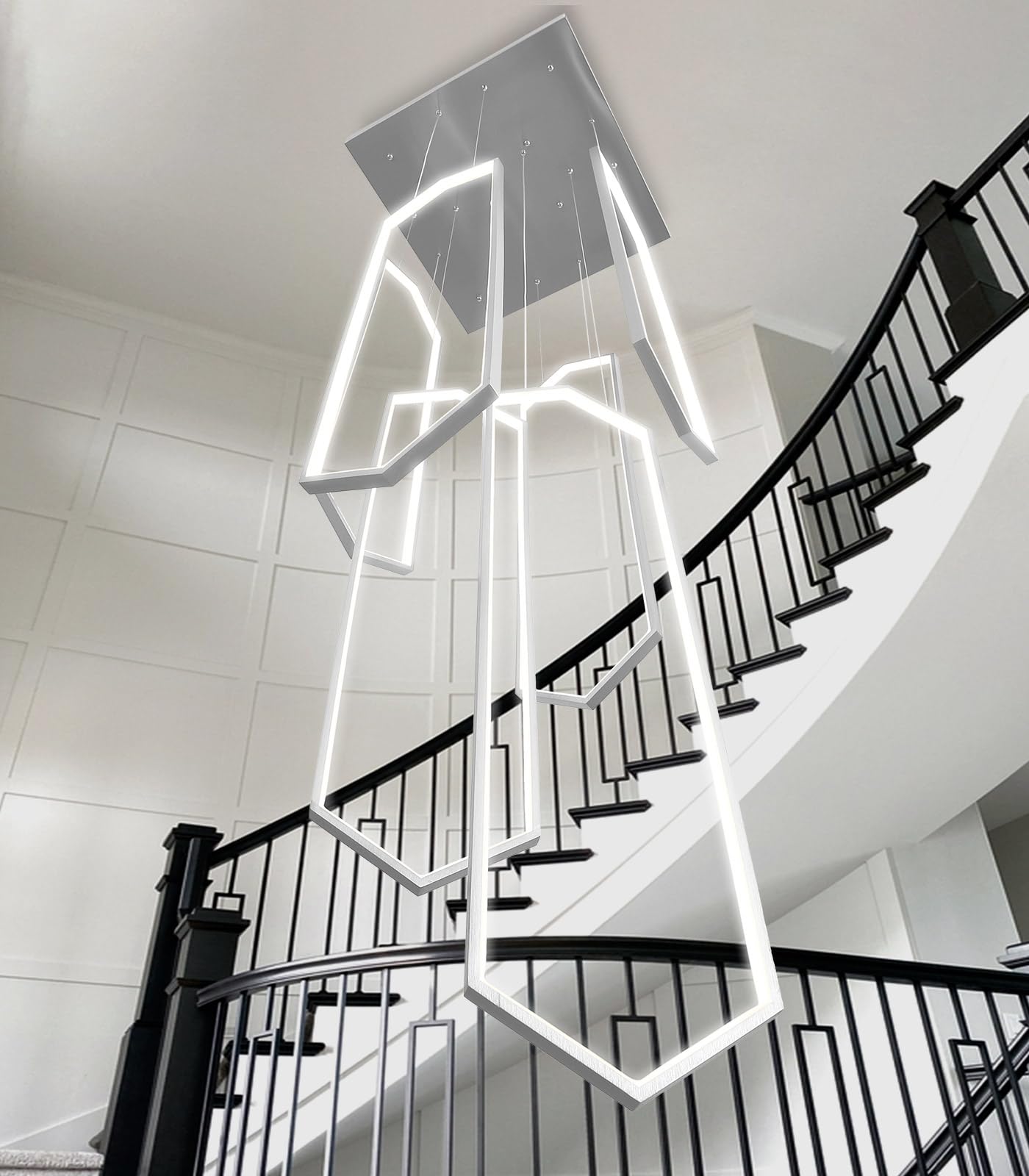 dolria 6 Rings Silver Modern Chandelier, Dimmable LED High Ceiling Light, 59in x 9.4in x 138in, Ideal for Living Room or Foyer