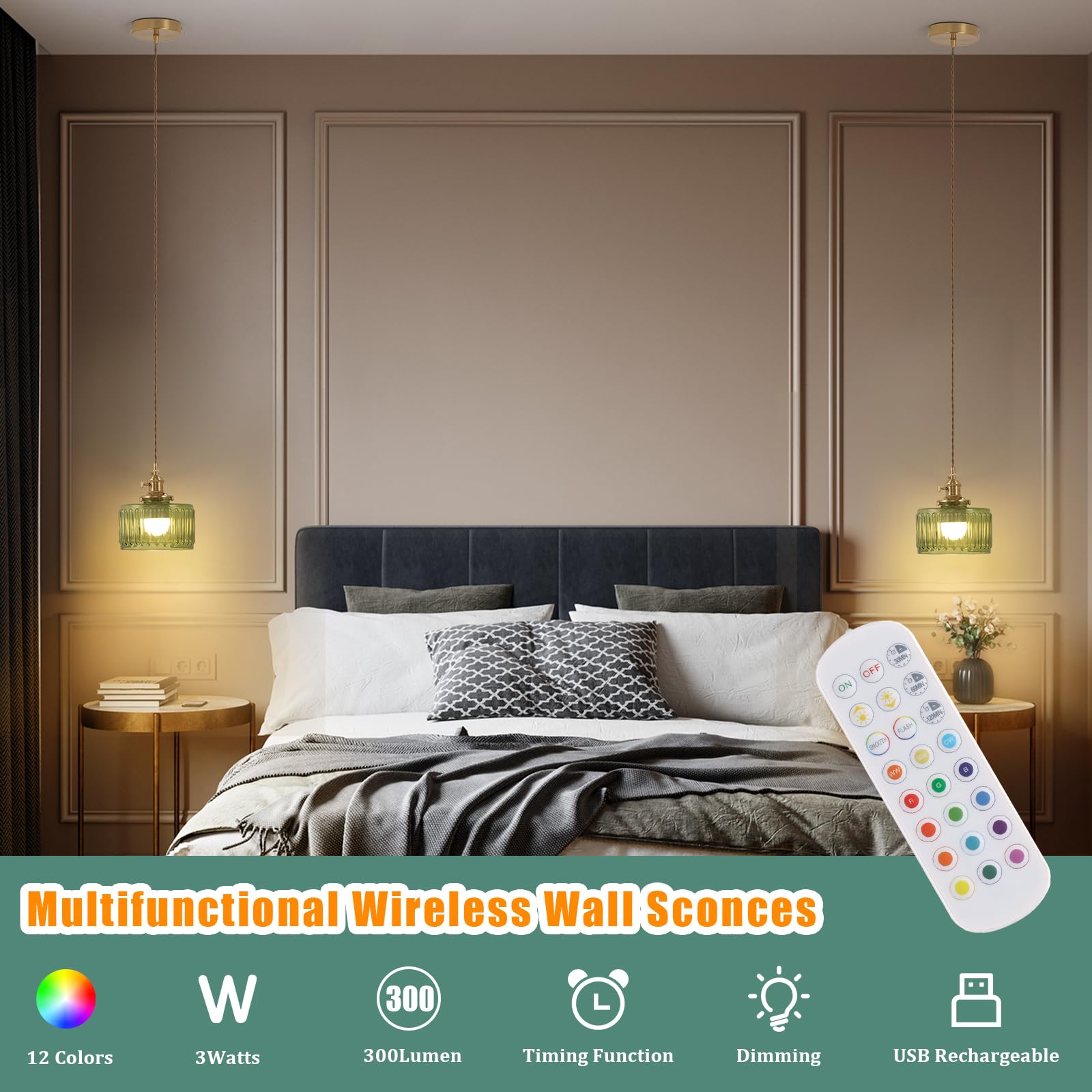 Shenmoyl Battery Operated Pendant Light 5000mAh with Remote Control, Glass, Z-Striped Green, 1 Pack, Model 08e44cff-1193-471