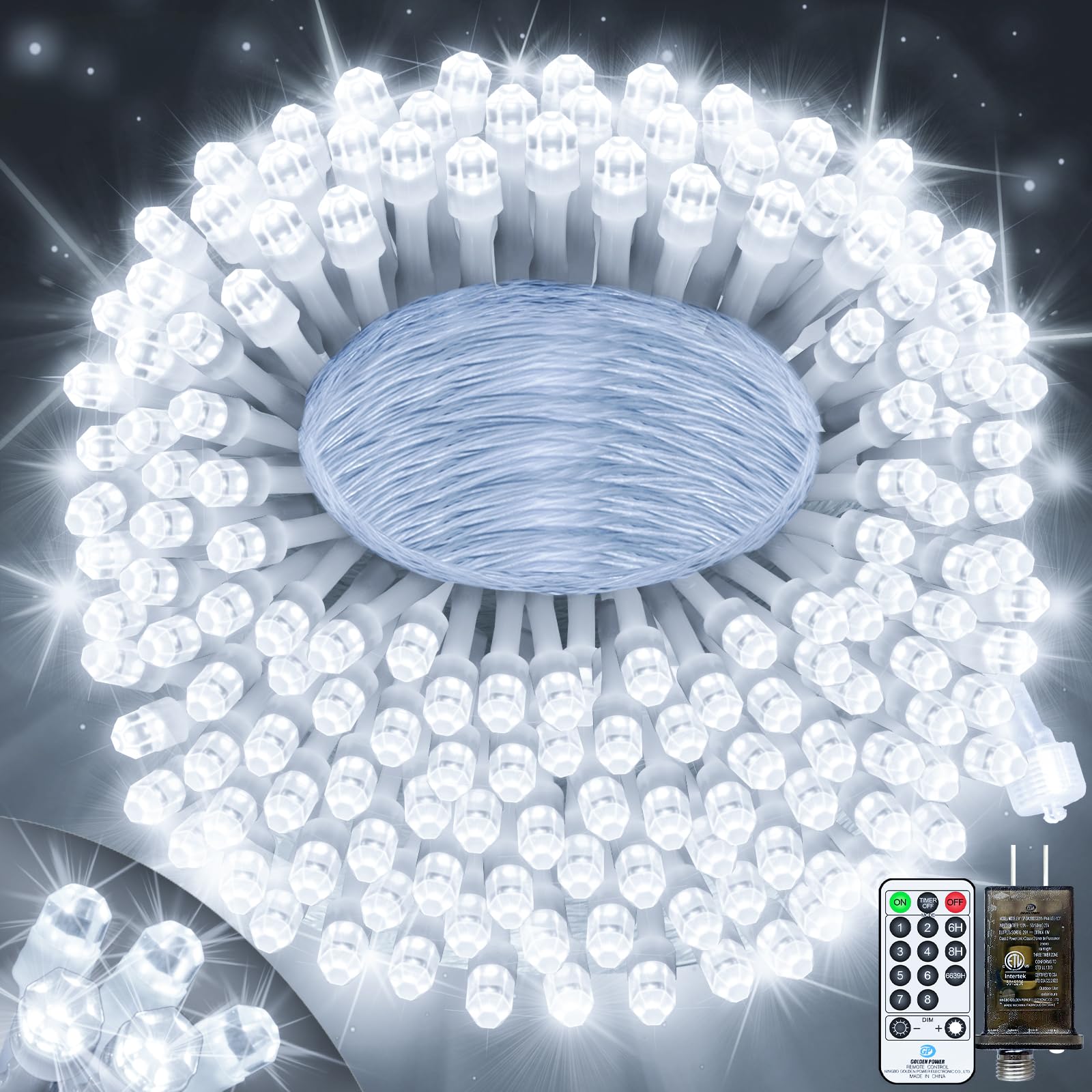 ROADAYLY LED Christmas Lights, 115FT 350LED, Cool White, Waterproof, 8 Modes & Timer, Model DAOYI02-MNO02, Outdoor Fairy Lights