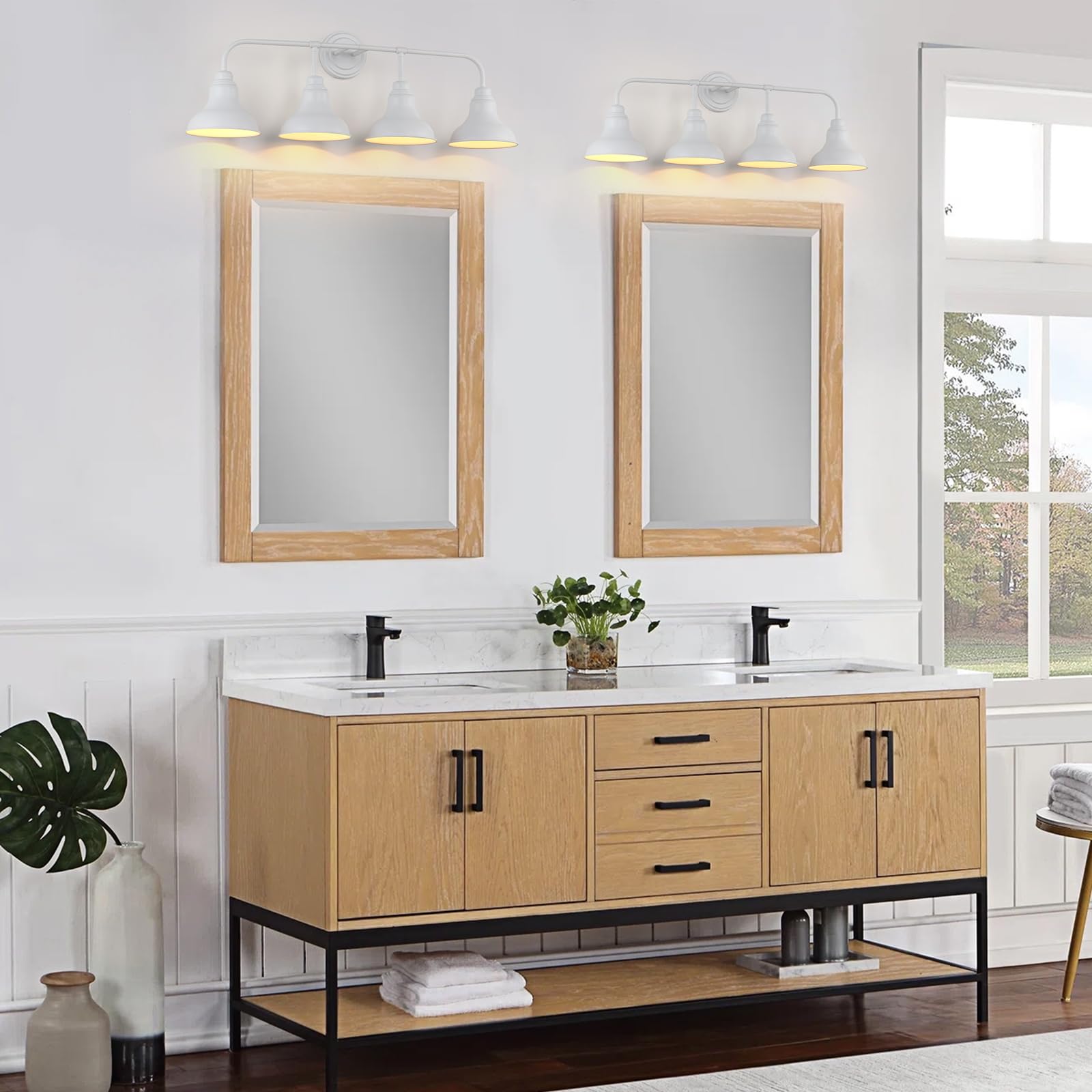 pasentel 34in Farmhouse Bathroom Vanity Light, 4-Light, White Iron, Model BD017-4-WH, Rustic Industrial Sconce for Bathroom
