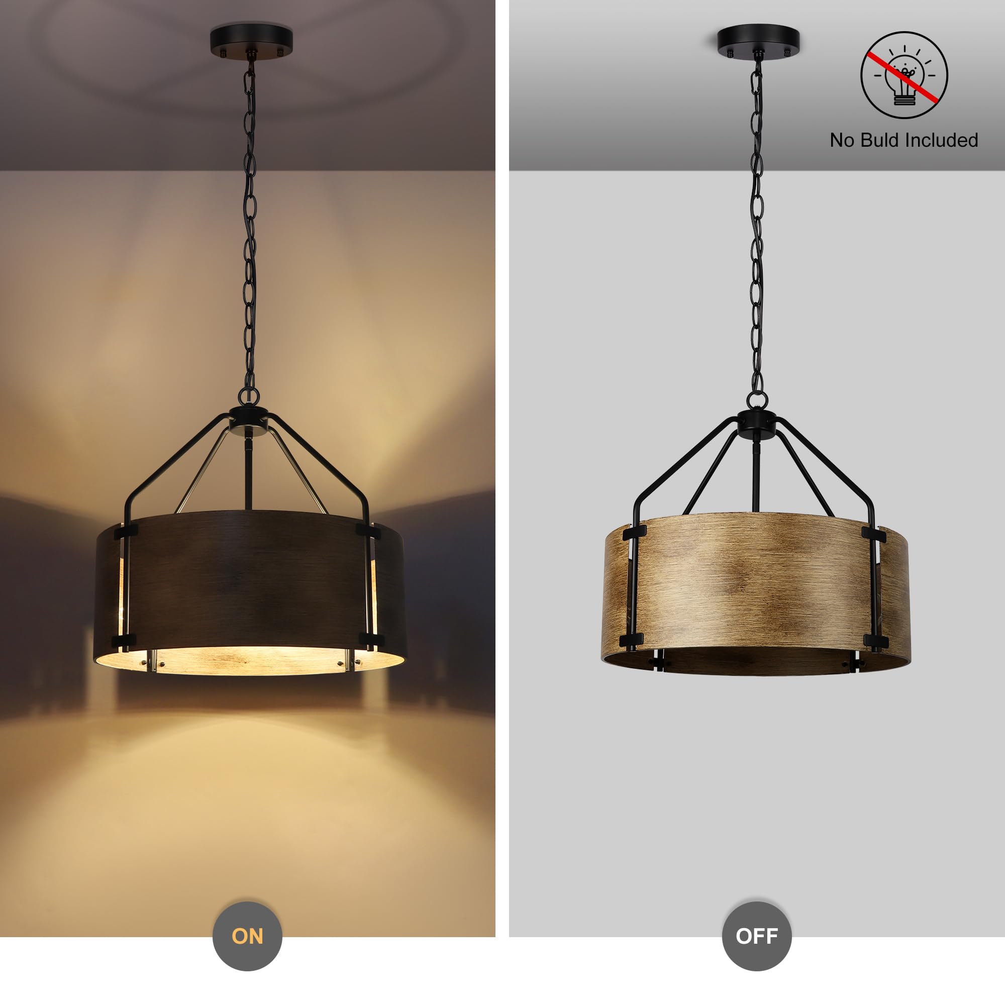 CNRATYE 4-Light Farmhouse Drum Chandelier, Rustic Metal Hanging Light, Antique Woodgrain Finish, 17.8" for Dining Room & Living Spaces