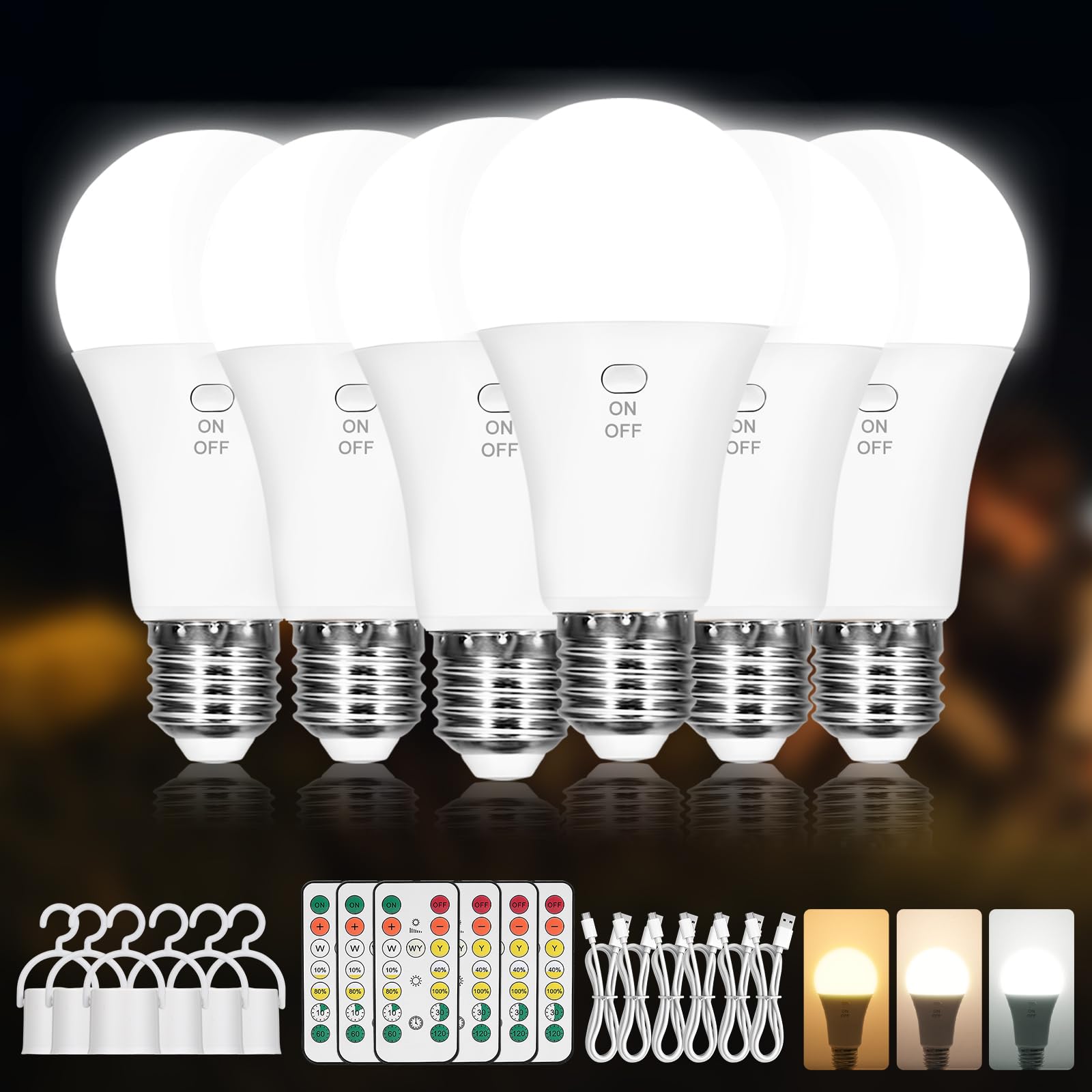 Kimjo 6 Pack Rechargeable Light Bulbs with Remote, Keep Lighting During Power Outage, 2600mAh Emergency Battery Operated Light B