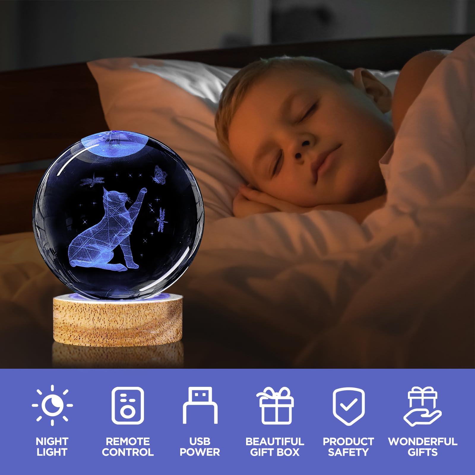 Yylzephb 3D Cat Crystal Ball Night Light With Woodern Base, 3.15'' Cat Figurines Glass Lamp With 16 Colors Cat Snow Globes Cool