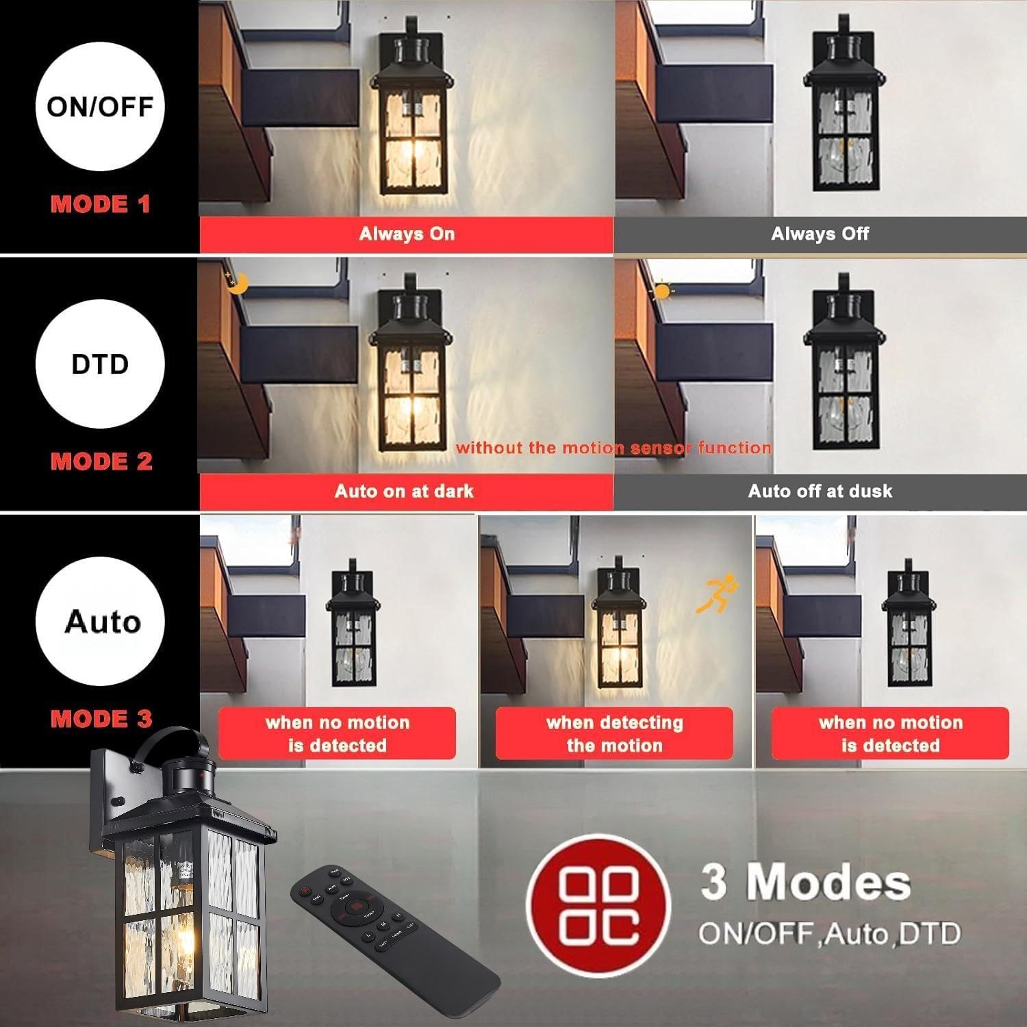 YJXGDIL Outdoor Porch Lights with Remote Control, Motion Sensor, 3 Lighting Modes, 2 Pack, Black, Metal, Model H2001-2B-RW