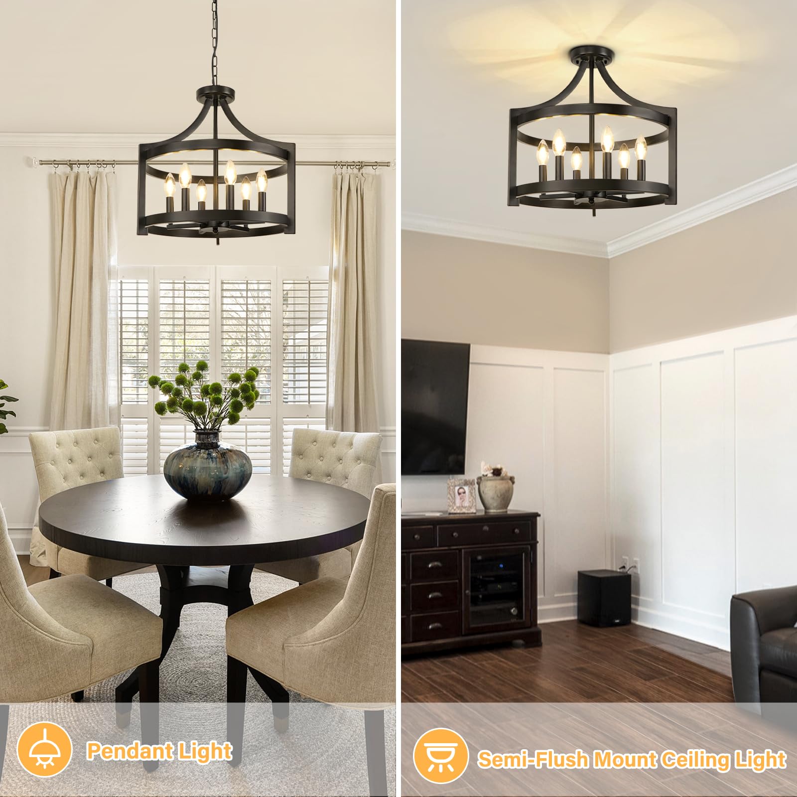 WBinDX 6-Light Black Chandelier, Modern Metal Pendant Lighting, Rustic Vintage Farmhouse Design for Dining Room and Entryway, Model WB128M-6B