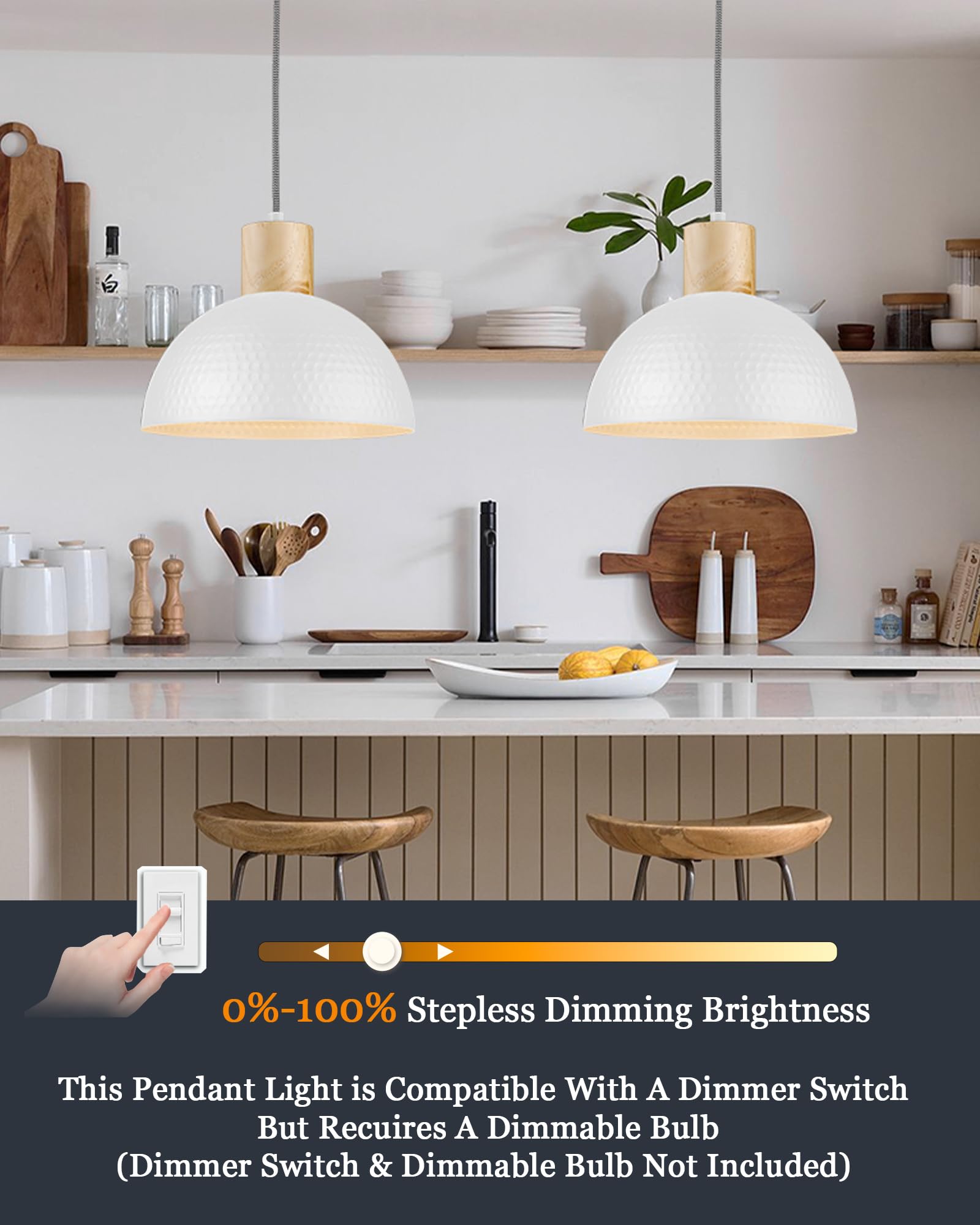 Elyona 12'' Hammered Pendant Light, Metal Dome Hanging Lamp Modern Solid Wood Pendant Light Fixtures For Kitchen Island, Farmhou