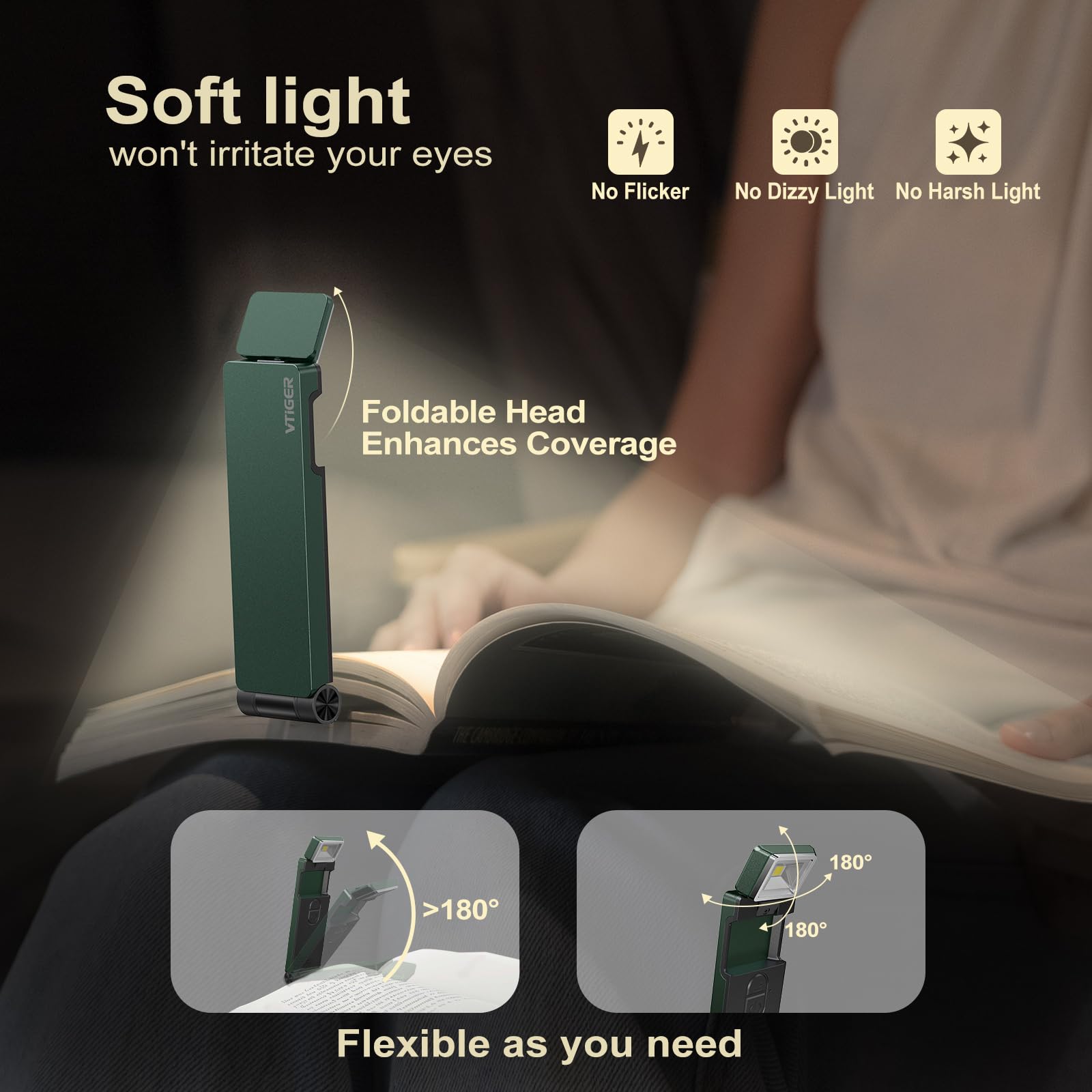 VTIGER USB Rechargeable Book Light, Foldable Clip-on LED, 3 Amber Colors, 4 Brightness Levels, Green, Model B1