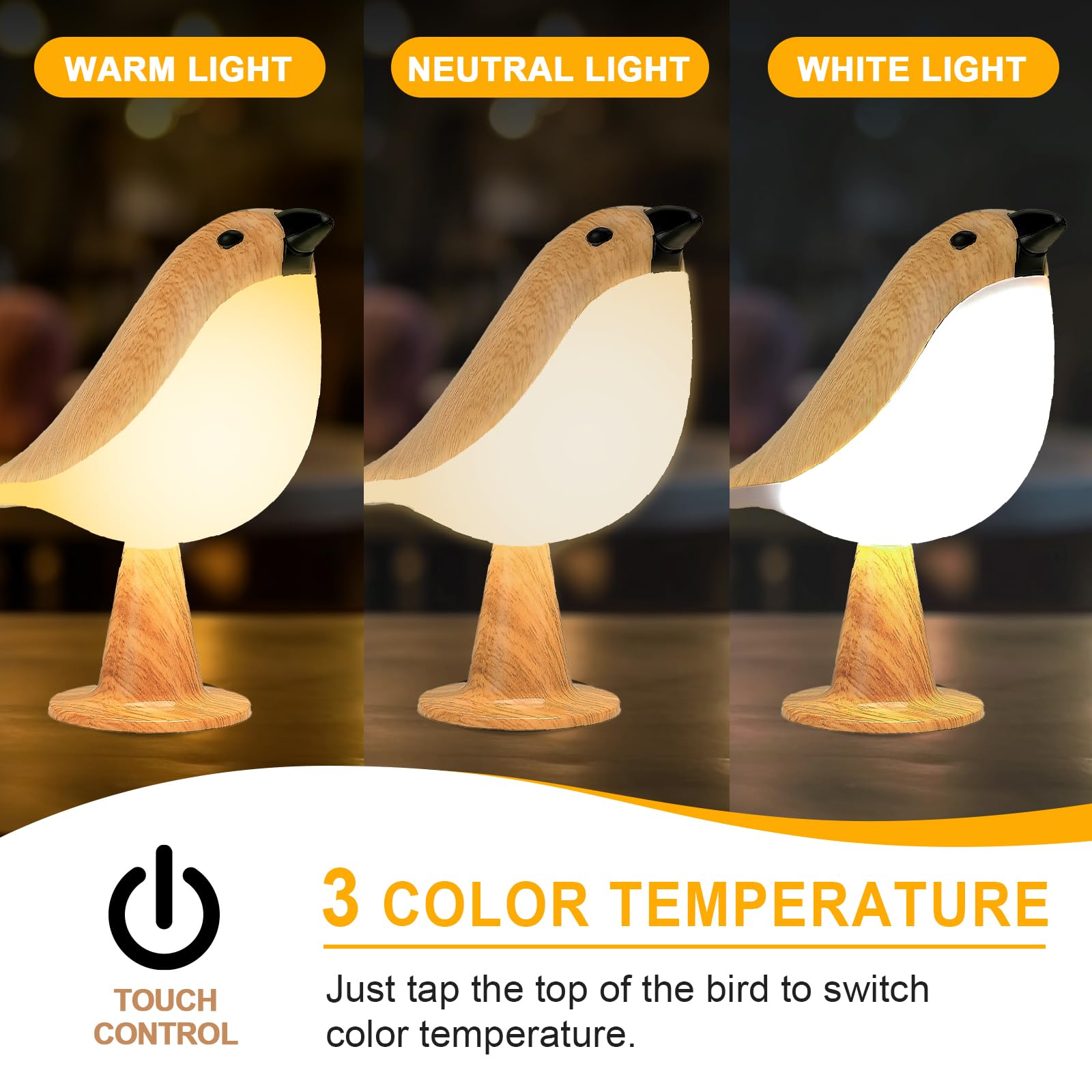 Deogos Bird Lamp, Touch Control Bedside Lamp, Cordless, 3-Way Dimmable, Rechargeable, Small, Acrylonitrile Butadiene Styrene
