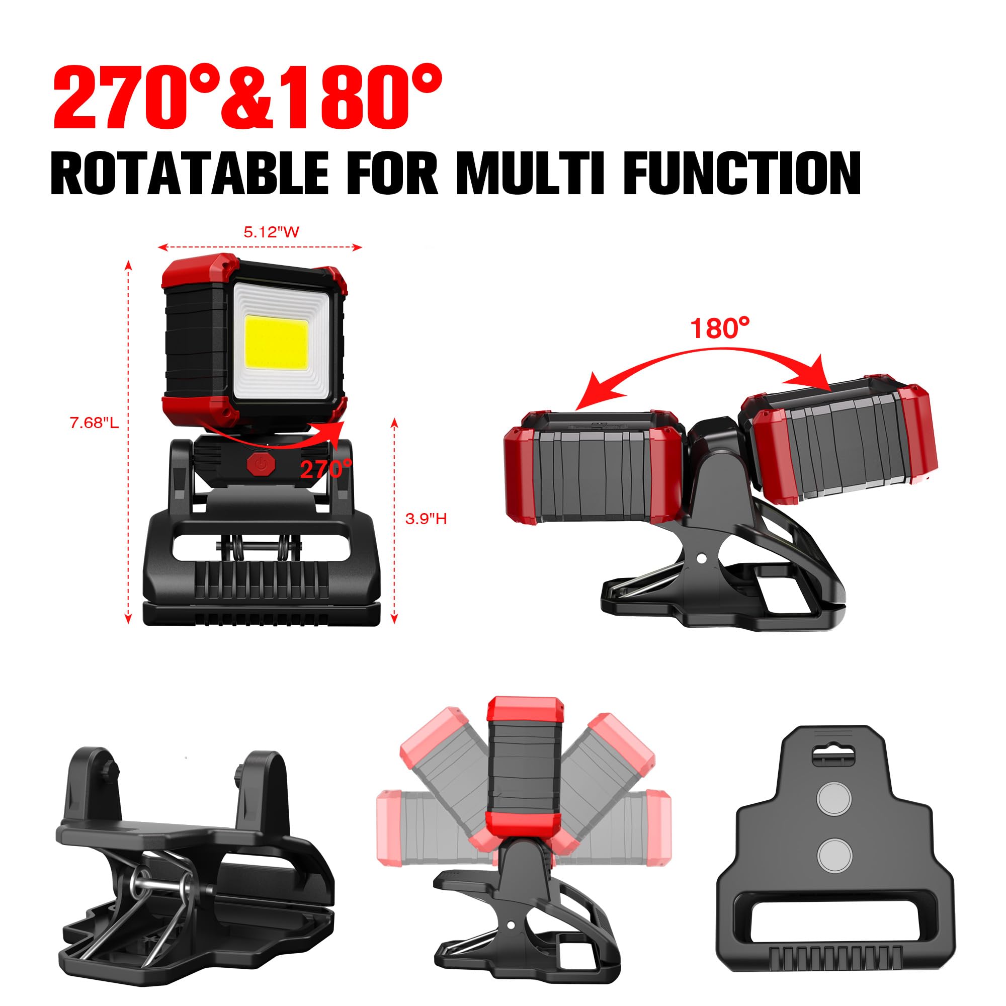 Yls 2Pack Led Work Light, 2100Lm Rechargeable Cob Magnetic Clip On Work Light With 3 Light Modes, 270° & 180° Rotatable Portable Clamp Worklight For Job Site,Car Repairing,Workshop