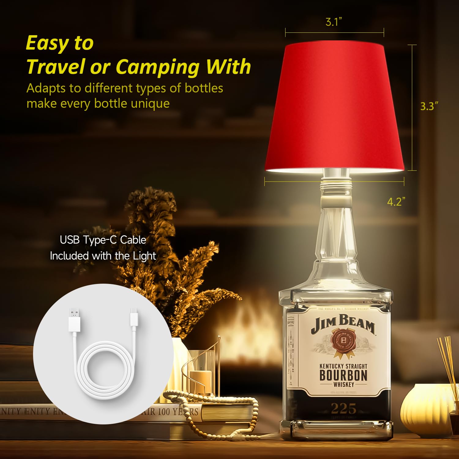 Hoide Wireless Bottle Lamp - LED Night Light Kit, Rechargeable, 5.7in, Wine Red, Plastic, Touch-Dimmable