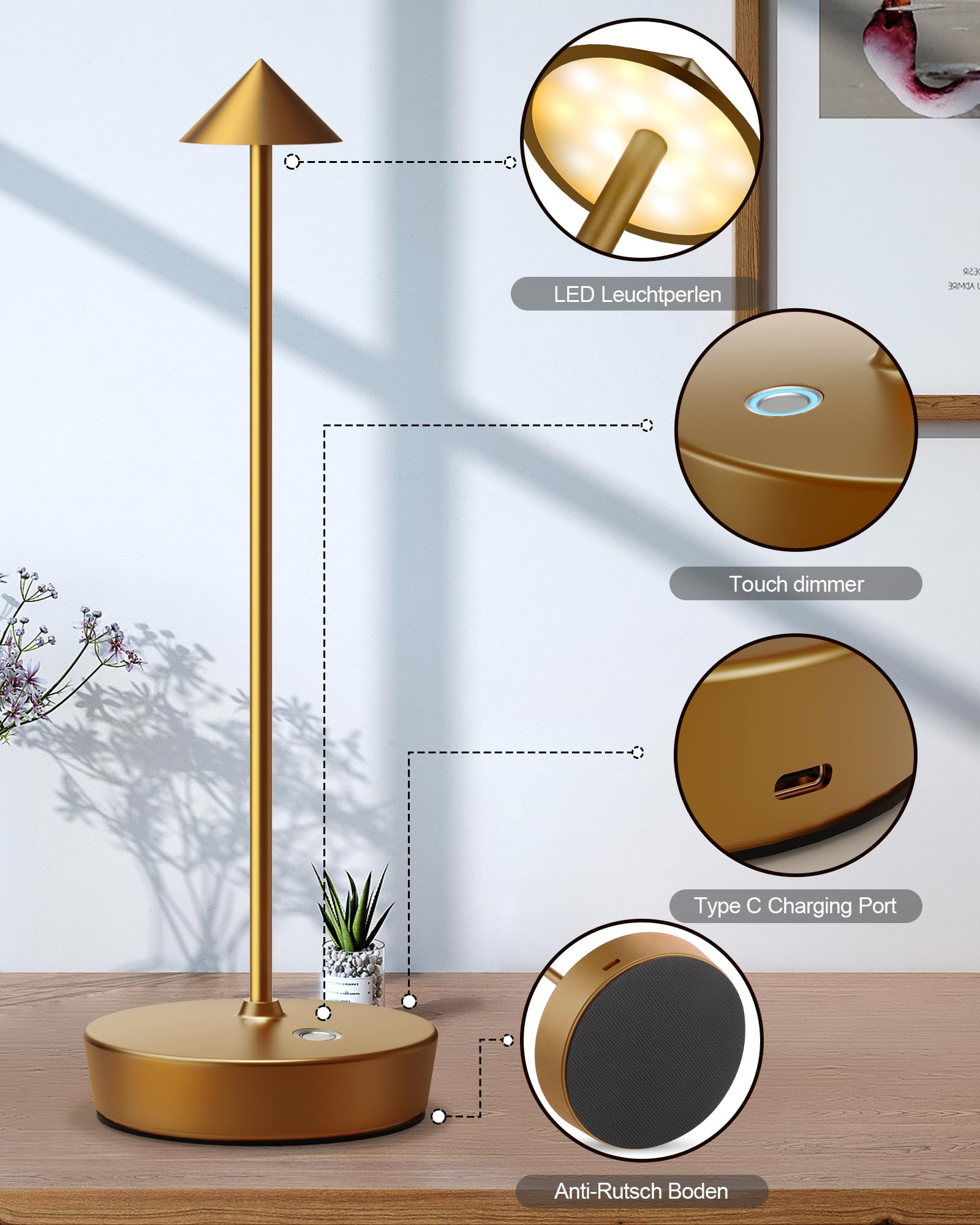 Shangcai Cordless Table Lamps Rechargeable  6000Mah Battery Operated Led Desk Lamp Outdoor Waterproof Portable Touch Dimmable Table Night Light For Patio Restaurant Dining Home Set Of 2 Bronze