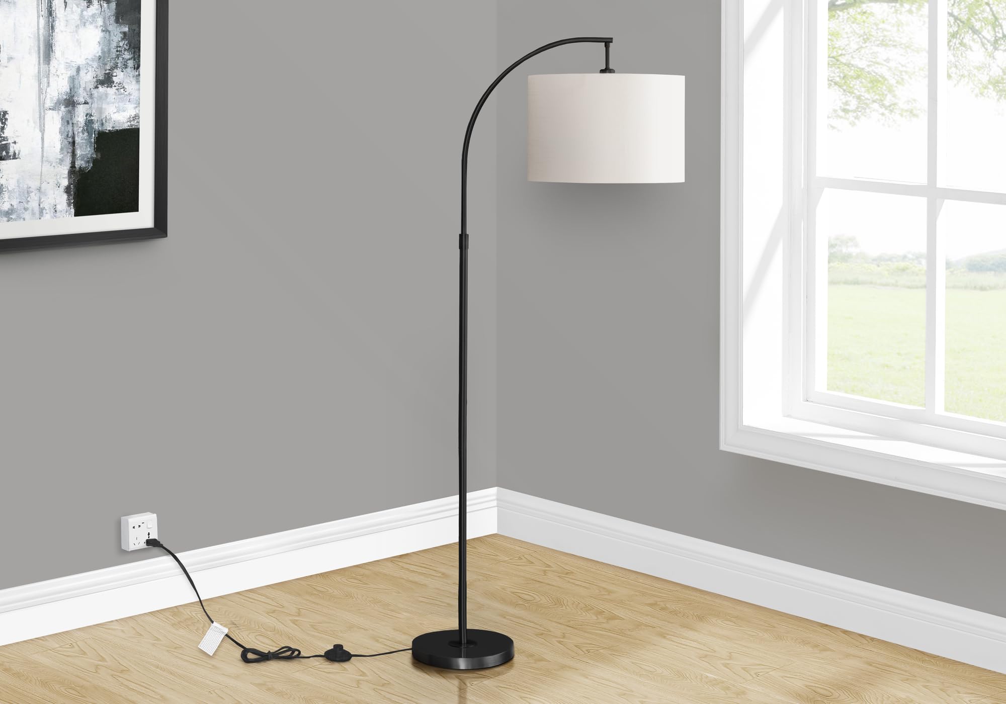 Monarch Specialties 9749, Black Cream Shade, Contemporary Lighting Arc Floor Lamp Metal Ivory, 26.25" L X 16" W X 65" H