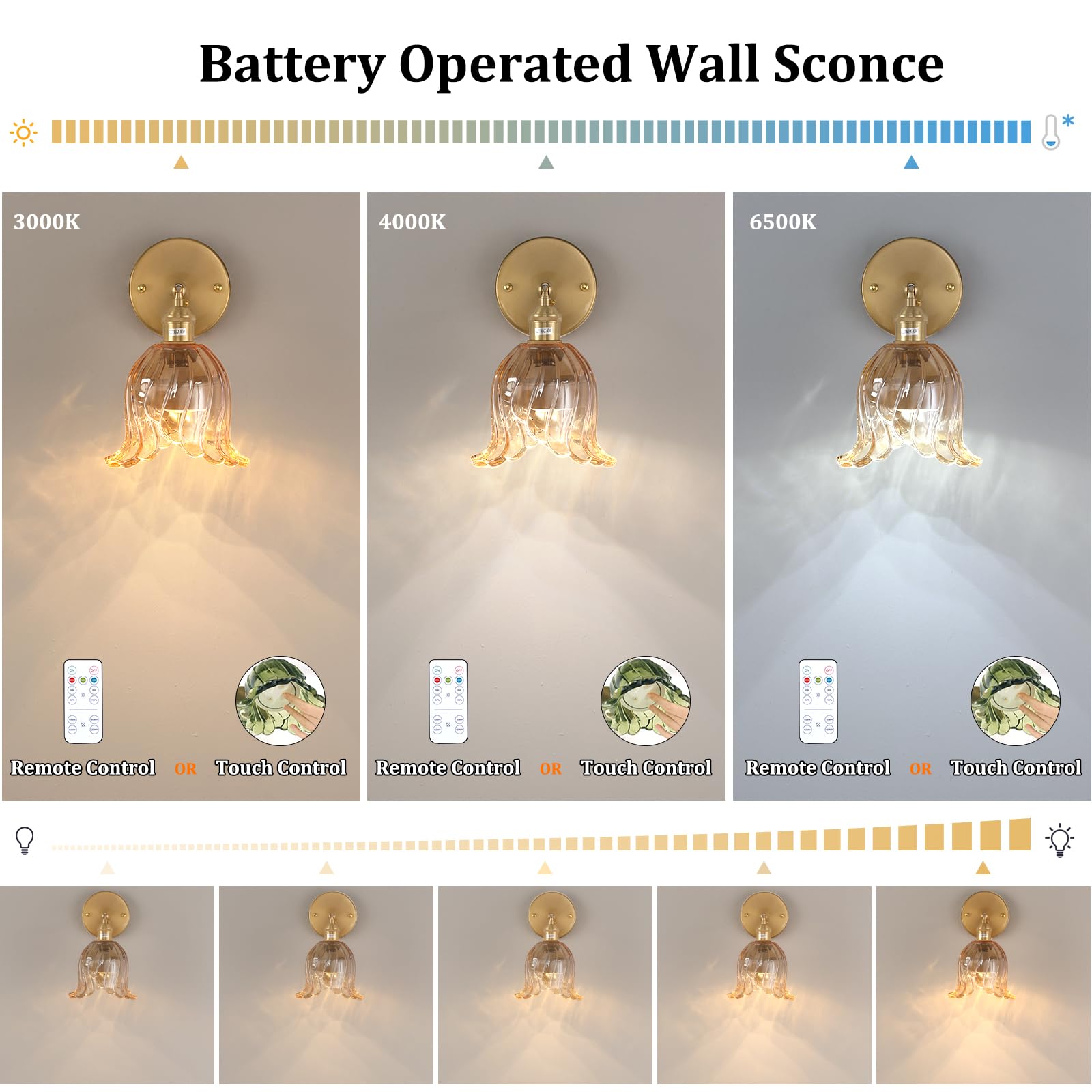 Shenmoyl Vintage Battery Operated Wall Sconces - 2 Pack LED Light, Wireless Remote Control, Dimmable, Amber Lily, Model 1-94965-sconc