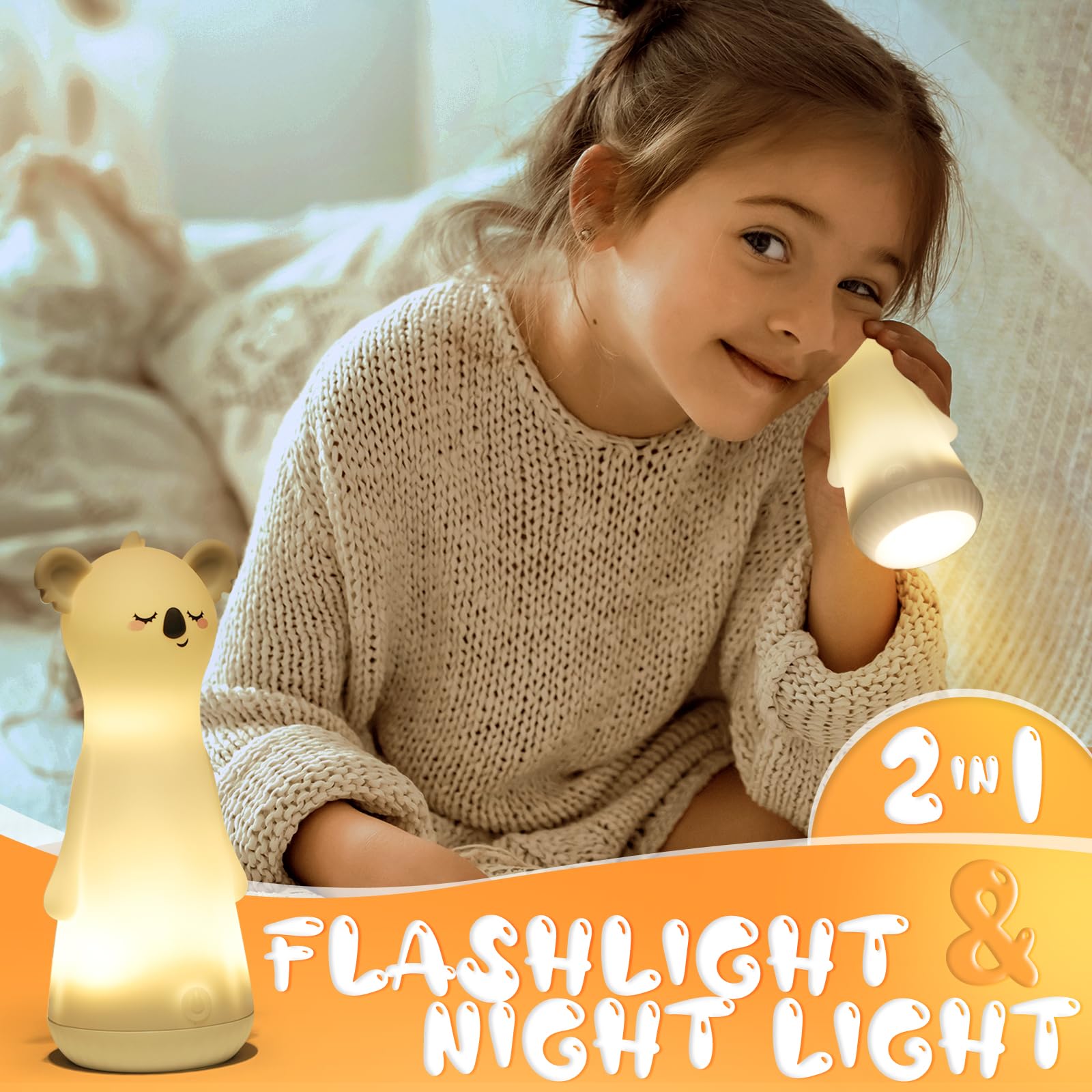 Kids Night Light with Flashlight Function Rechargeable LED Dimmable Night Light for Toddler Bed Room Glow in Dark Handheld Emerg