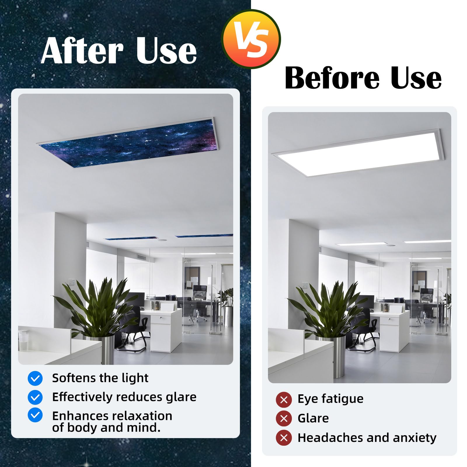 ANGSYLTH Fluorescent Light Covers - 4x2 Feet, Starry Sky, 2 Pack, Oxford Fabric, Strong Magnet, Ideal for Classroom, Office, Home