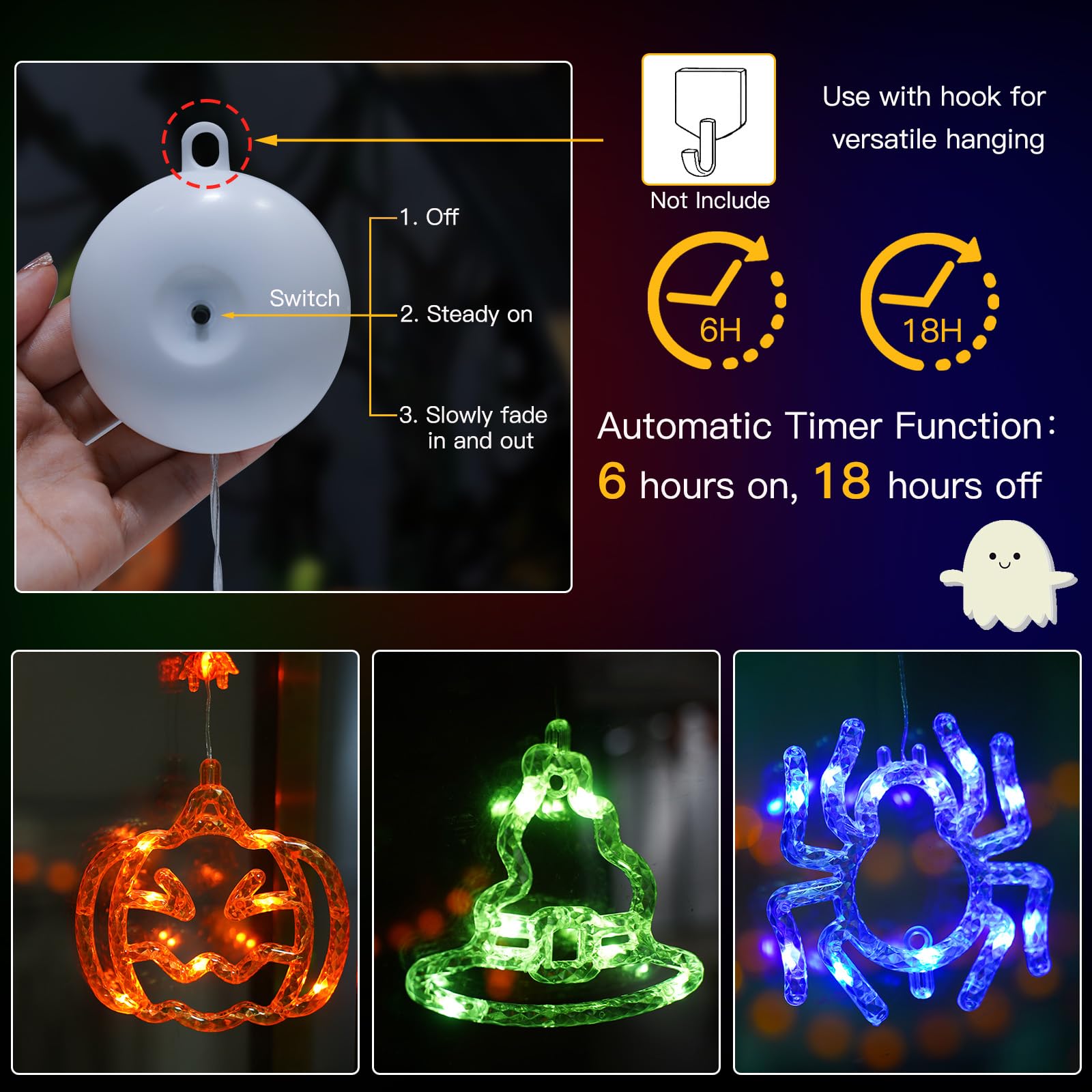 SUDDUS Halloween Decor, 3 Pack Orange Pumpkin Violet Spider Green Witch Hat Battery Operated Halloween Window Lights with Suctio