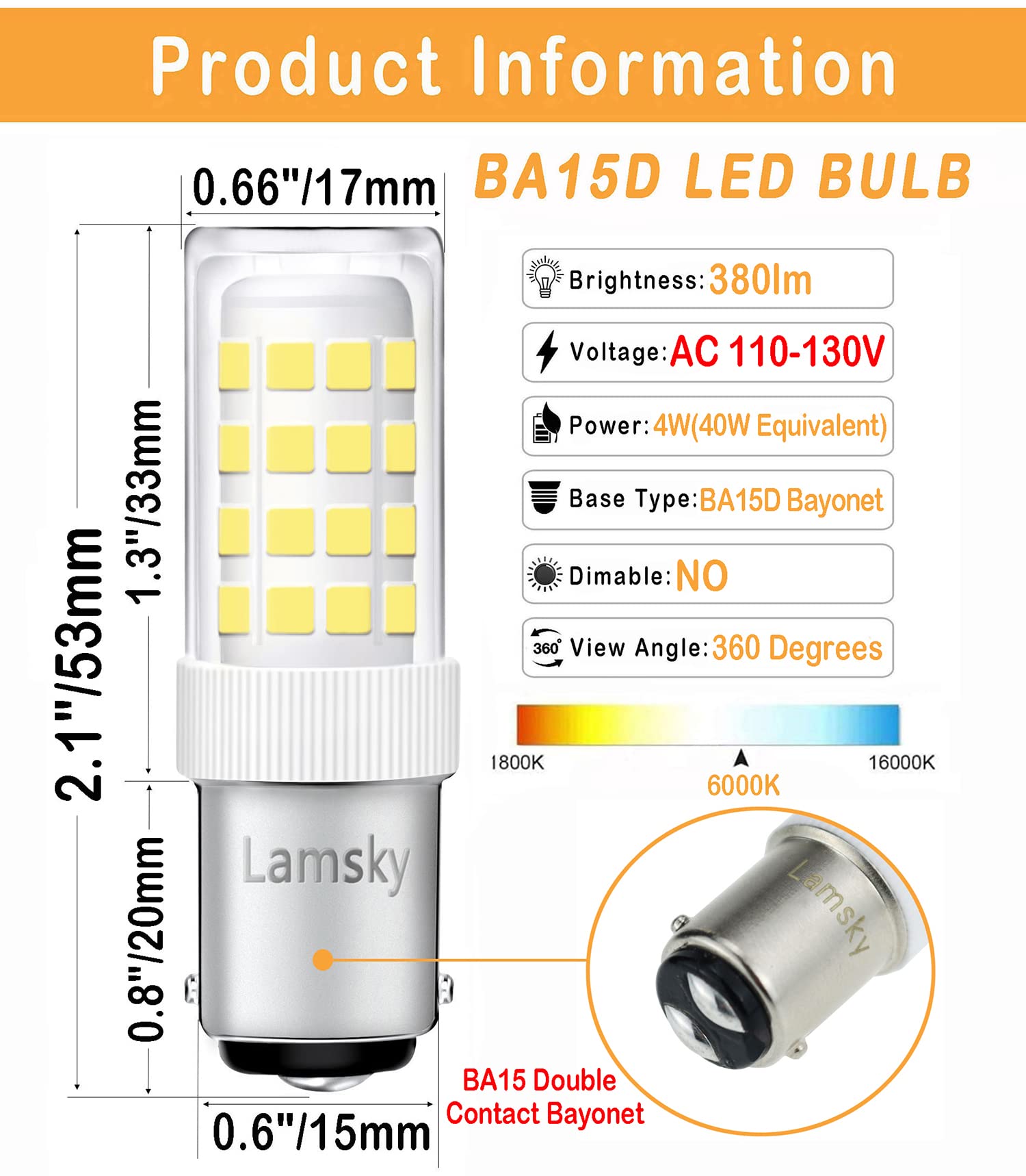 Lamsky BA15D LED Sewing Machine Bulb, Daylight 6000K, 4W, 2 Count, Ceramic, Non-Dimmable, Model LC030-BA15d