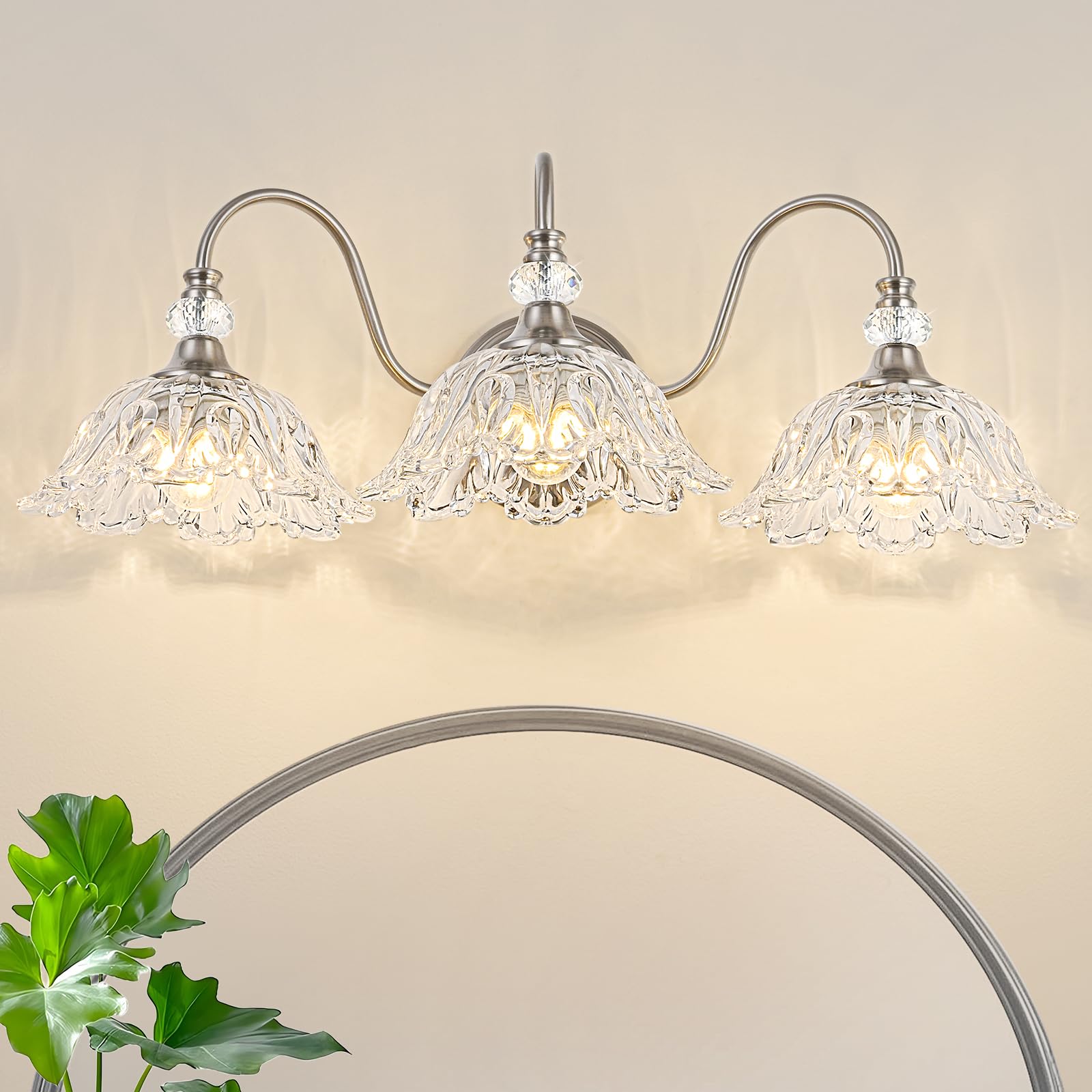 Sunkryster Brushed Nickel 3-Light Bathroom Vanity Light with Floral Glass Shades, Metal Wall Mount Lighting