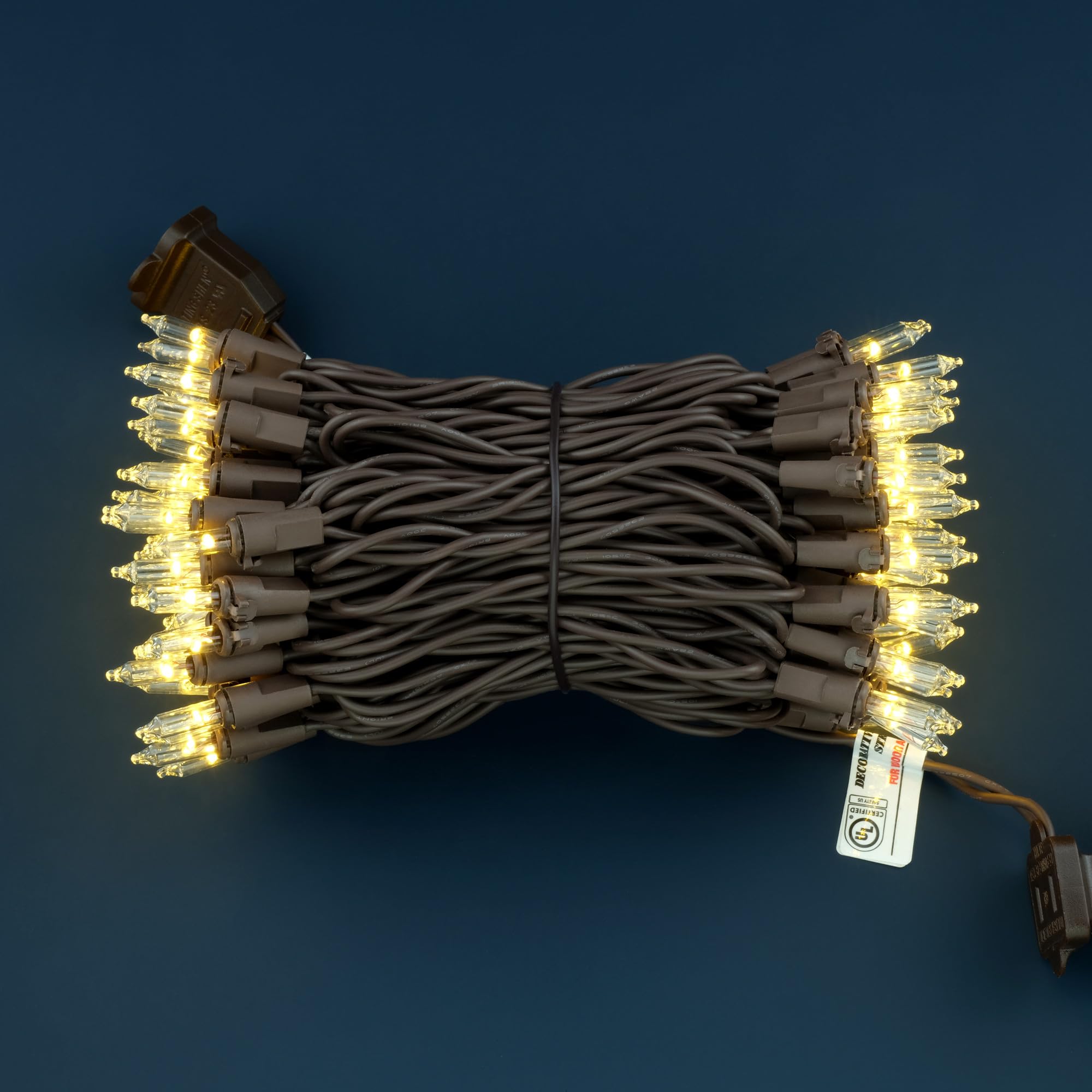 YULETIME 100 Count Mini String Lights, 33ft Brown Wire, Warm White, UL Certified, Copper Wire and Glass Bulbs