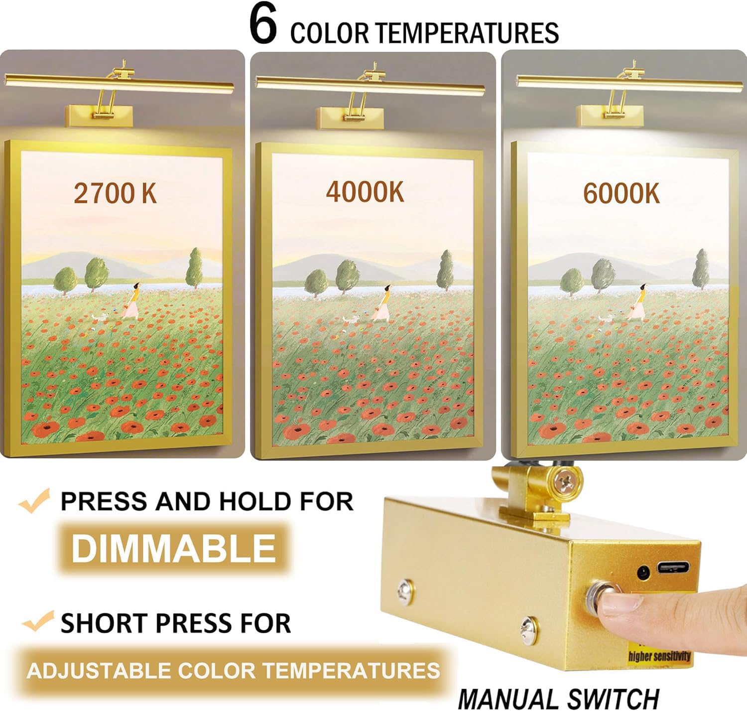 Yuichoy Picture Light 16in Battery Operated Art Lighting, Dimmable, 5200mAh, Wireless, Gold, Model Yun08-ZH-2HS