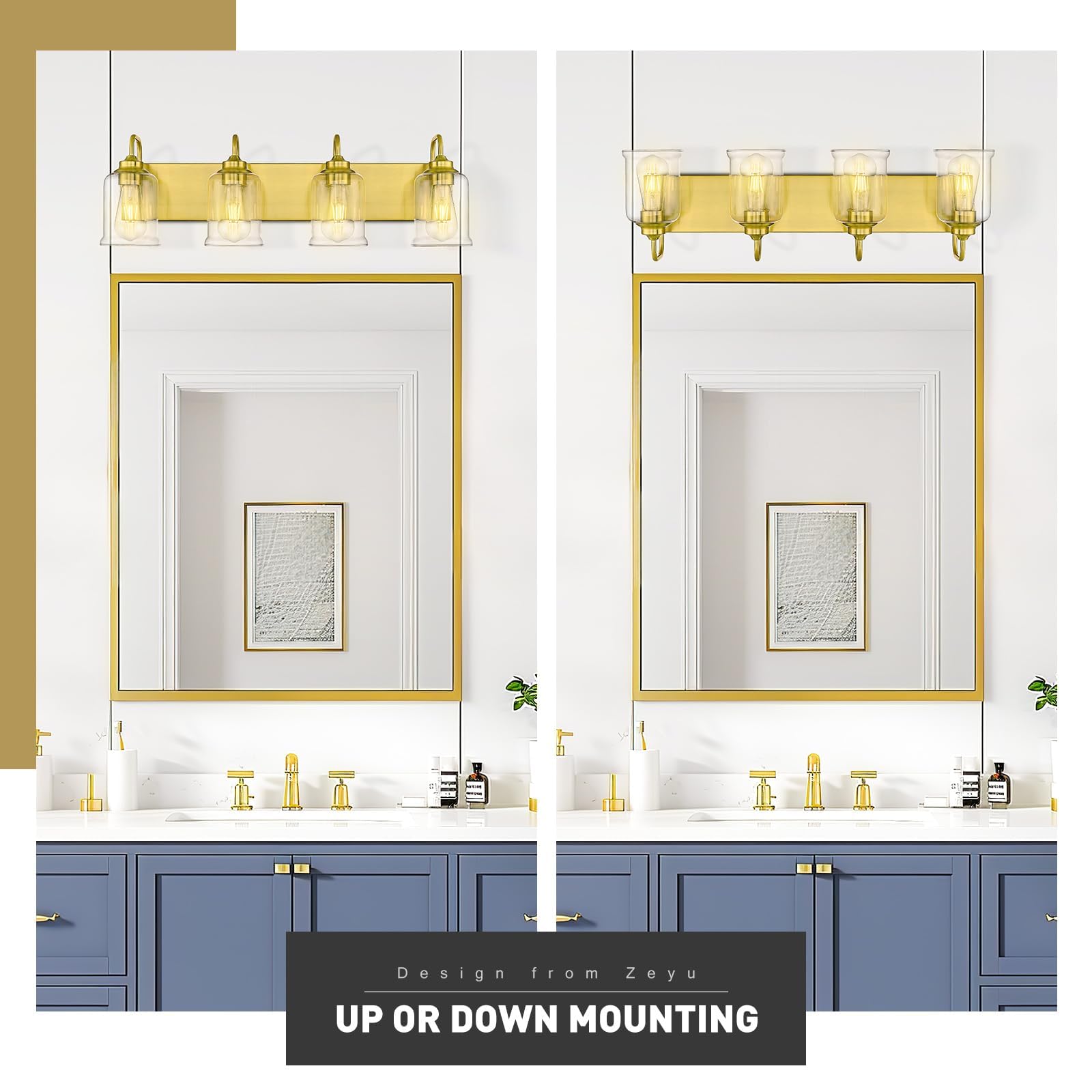 zeyu 4-Light Brushed Gold Vanity Light, Modern Metal Wall Sconces with Clear Glass Shade, Model ZSL72B-4W BG