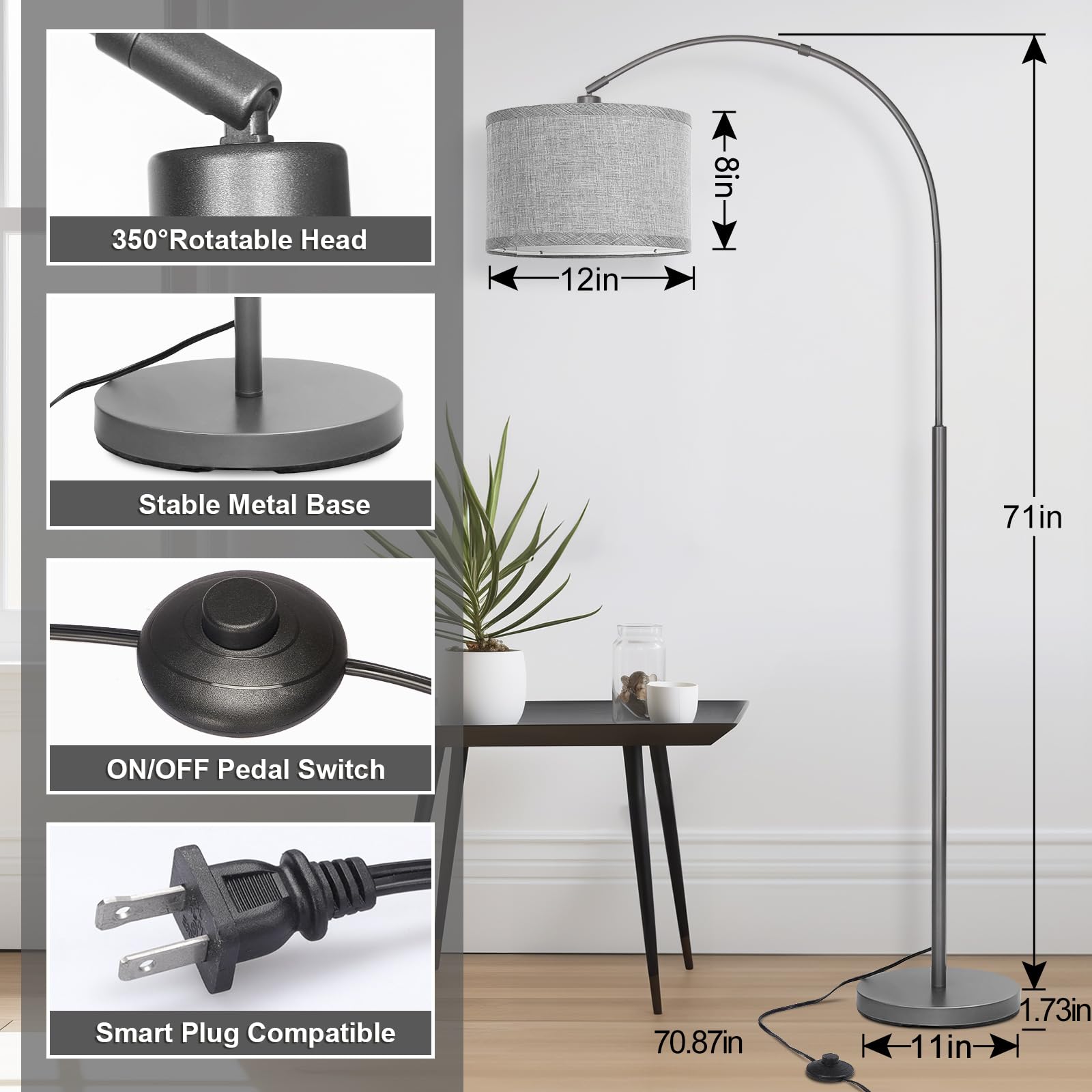 Arc Floor Lamp, Modern Floor Lamp For Living Room With Adjustable Lamp Head, Tall Pole Lamp With Gray Lampsahde And On/Off Pedal