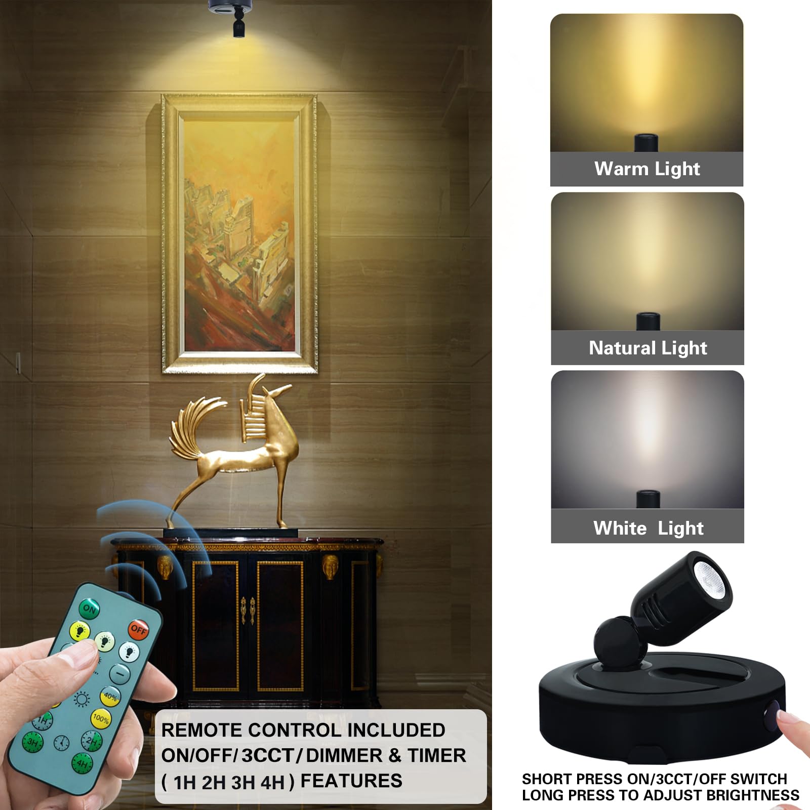 Hamvidne Rechargeable Led Spotlight  3 Lighting Modes Indoor Spotlights  Battery Powered Spot Lights With Remote  Up Light For Plants  Timer Dimmable Picture Light For Wall Artwork-Black