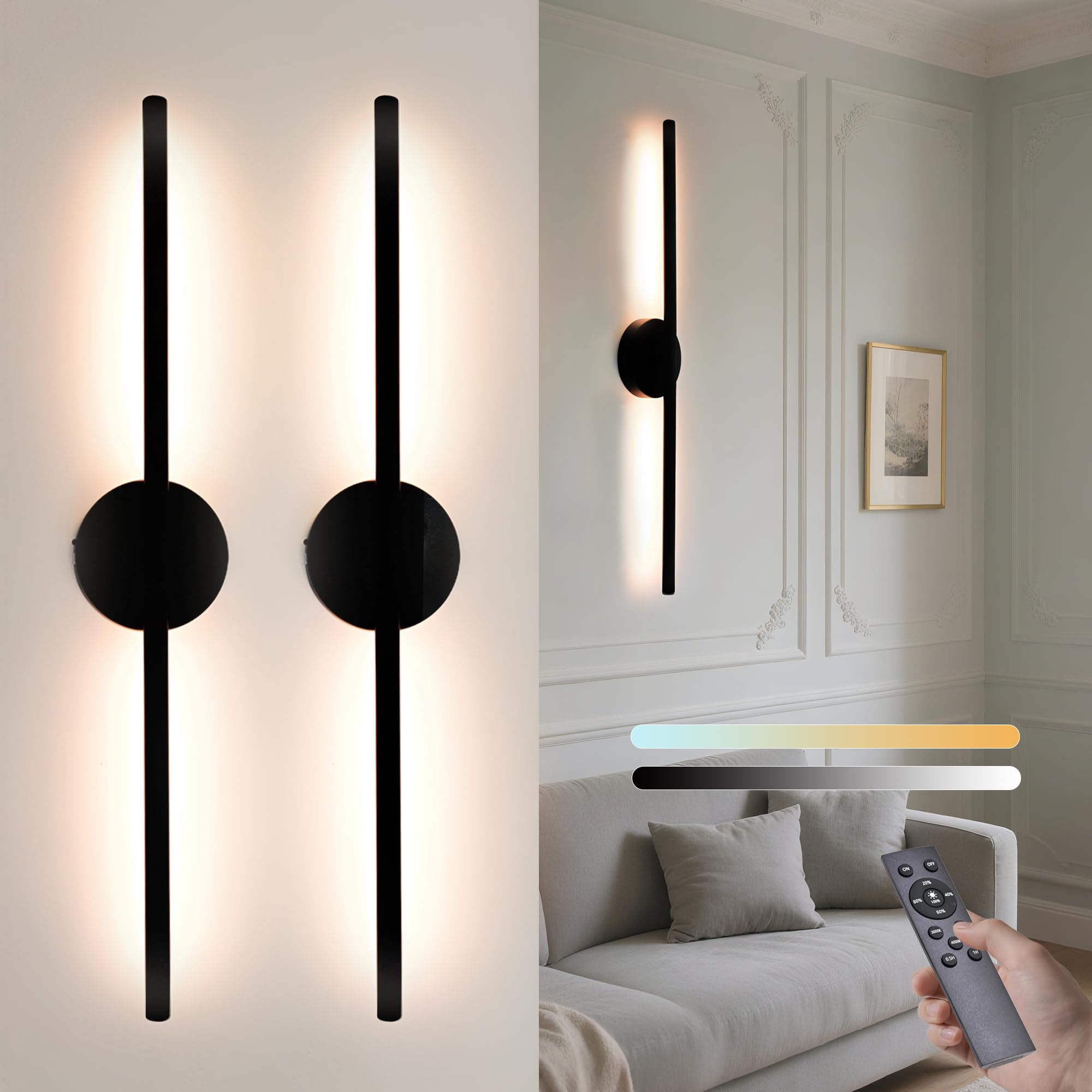 HCJIAJING Wireless Wall Sconces Set of 2 Led,28Inch Battery Operated Wall Lights with Remote Control,360Rotate Dimmable Wall Lam