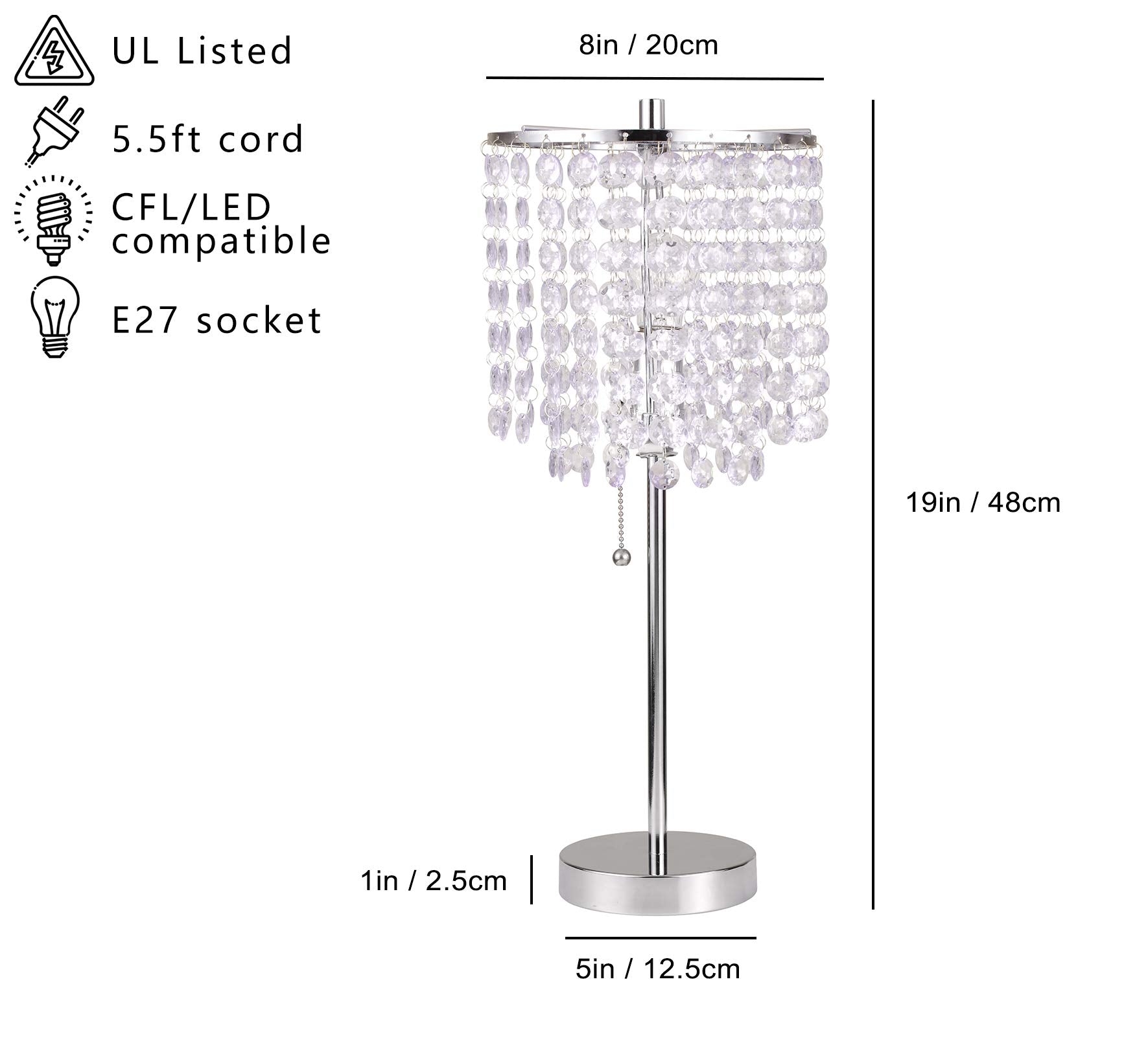 SH Lighting Crystal Inspired Table Desk Lamp - 19in Tall, Chrome, Metal, Silver - Model SH-8315C(U) for Bedrooms and Living Rooms