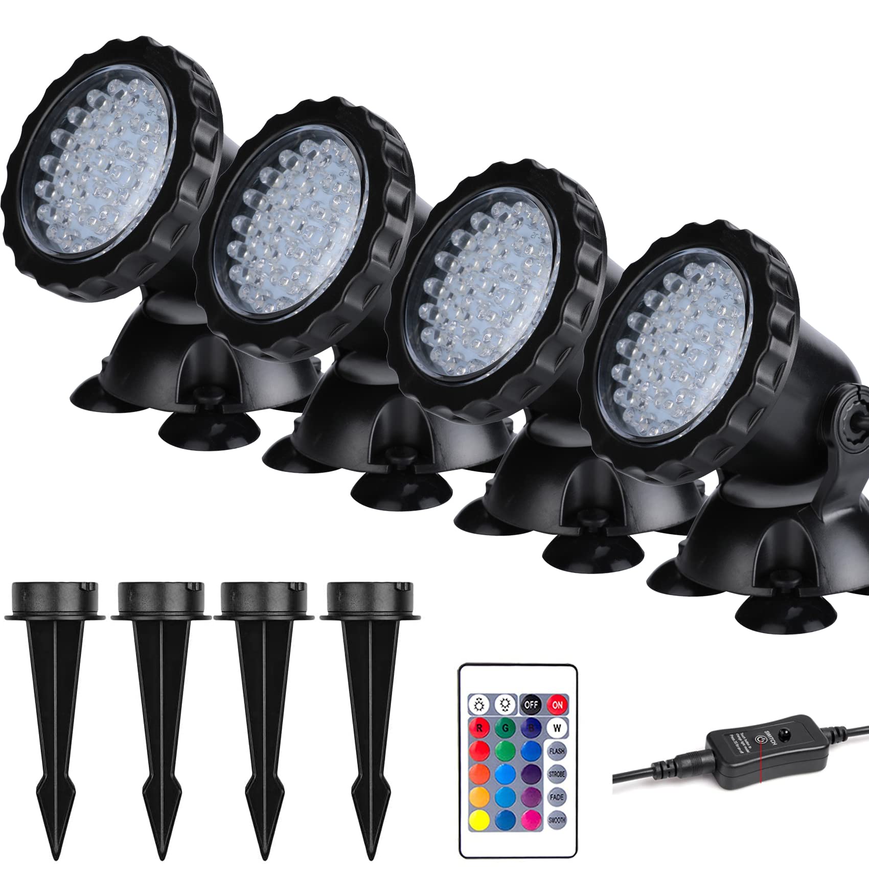 ZHGSERVU Submersible Pond Lights with Remote, 36 LED Bulbs, Set of 4, Color Changing, Includes Stakes, Ideal for Aquarium, Garden, Pool
