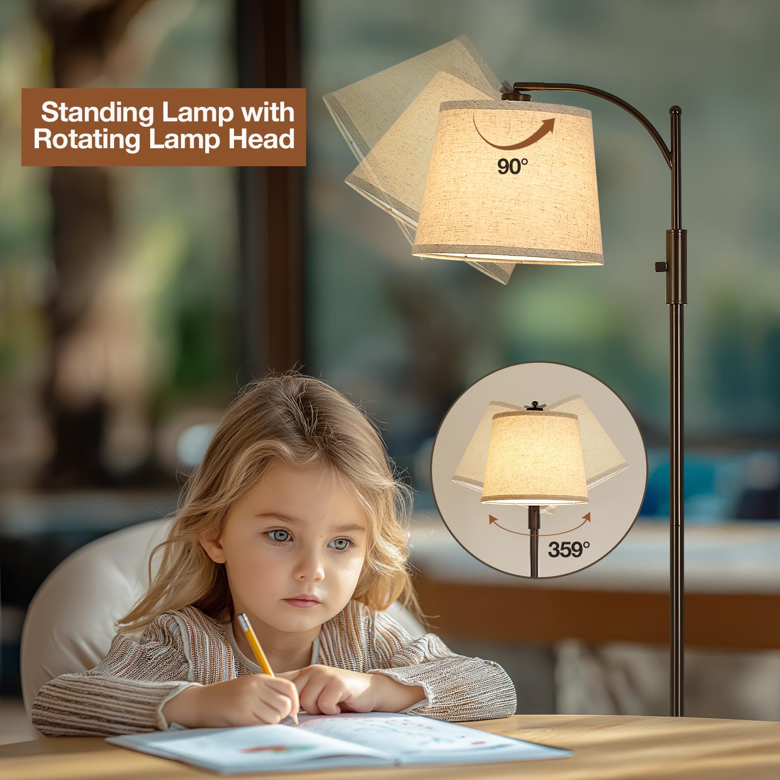 AIDENOEY Fully Dimmable Floor Lamp - Brown Standing Lamp with Rotary Switch & Linen Beige Shade, Model HYZC 0202, Includes 9W LED Bulb