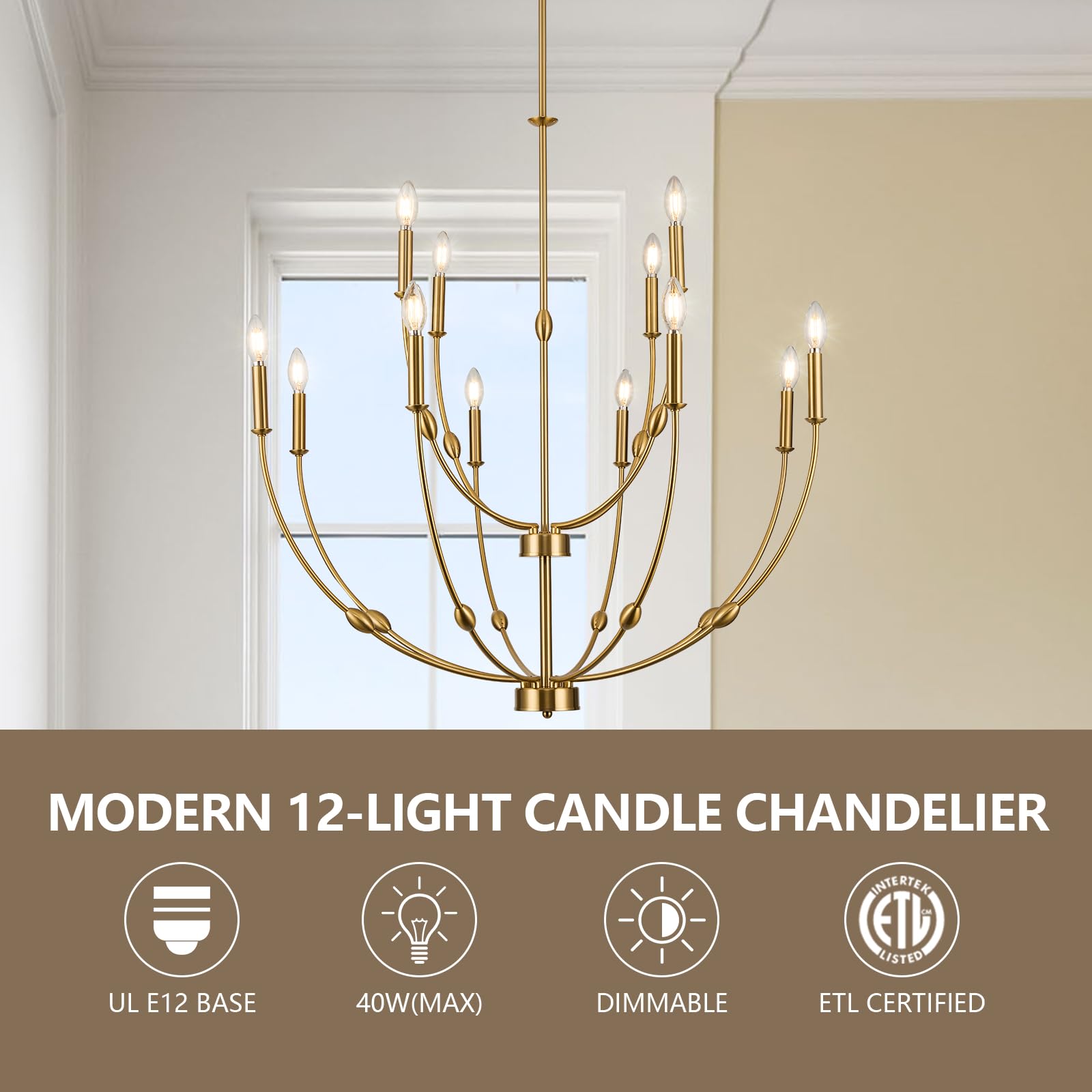 Acaner 12-Light Brushed Gold Large Chandeliers For High Ceilings, 35 Inch Candle Style Rustic Pendant Light Fixture For Entryway