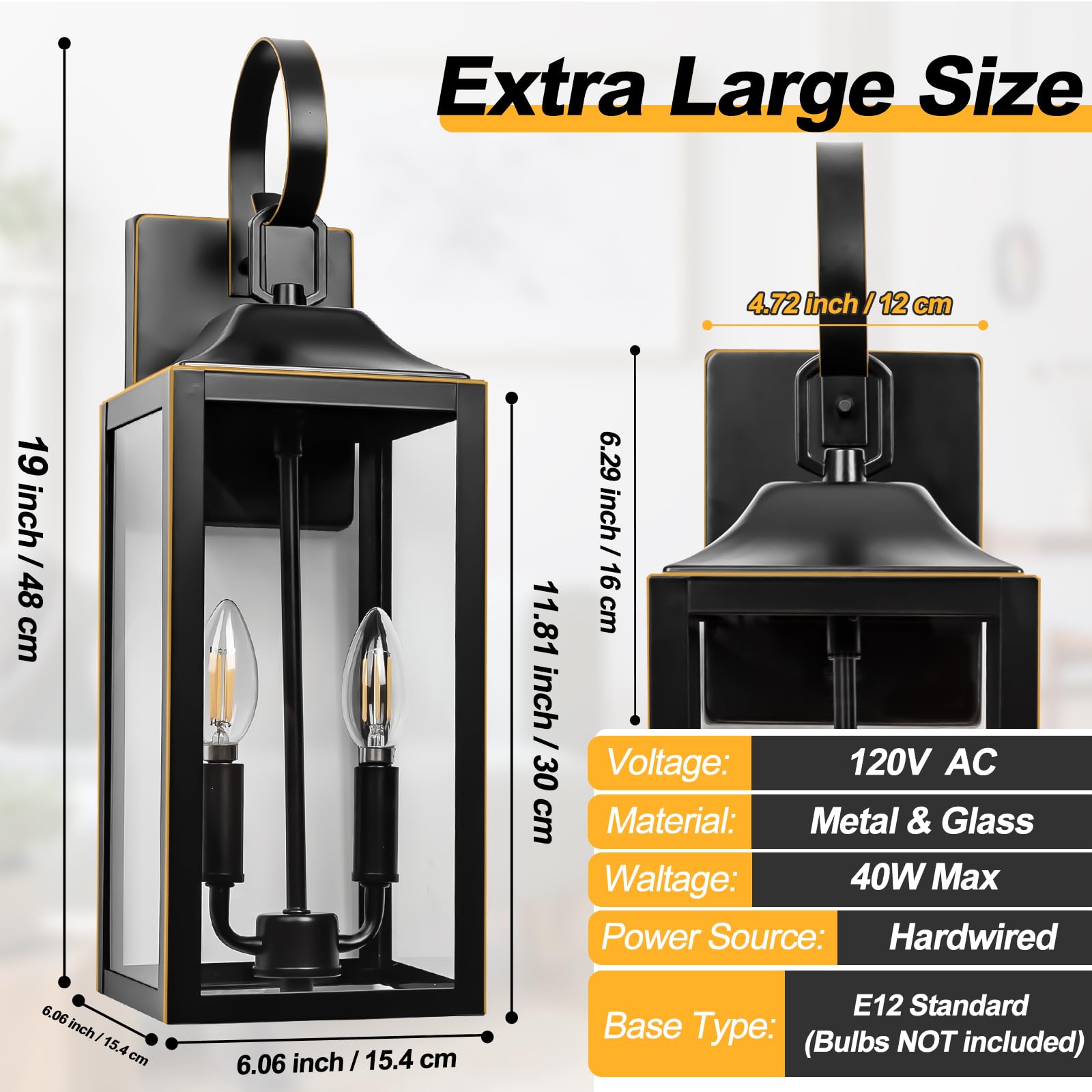 Yolsunes 19" Outdoor Wall Light - Black & Gold Trim, Modern 2-Light Sconce Lantern for Porch, Farmhouse Exterior Lighting